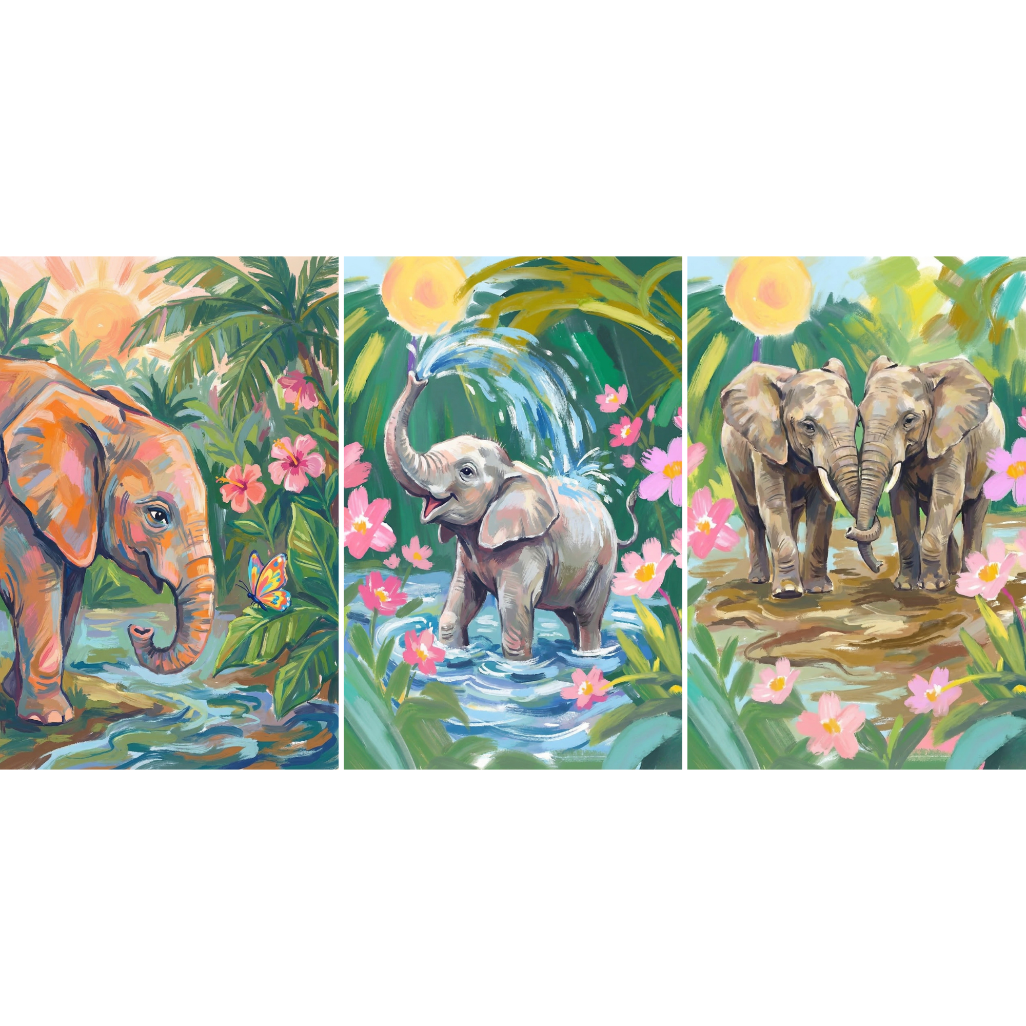 Vibrant Tropical Jungle Elephant Wall Art Set of 3 - Playful Jungle Friends