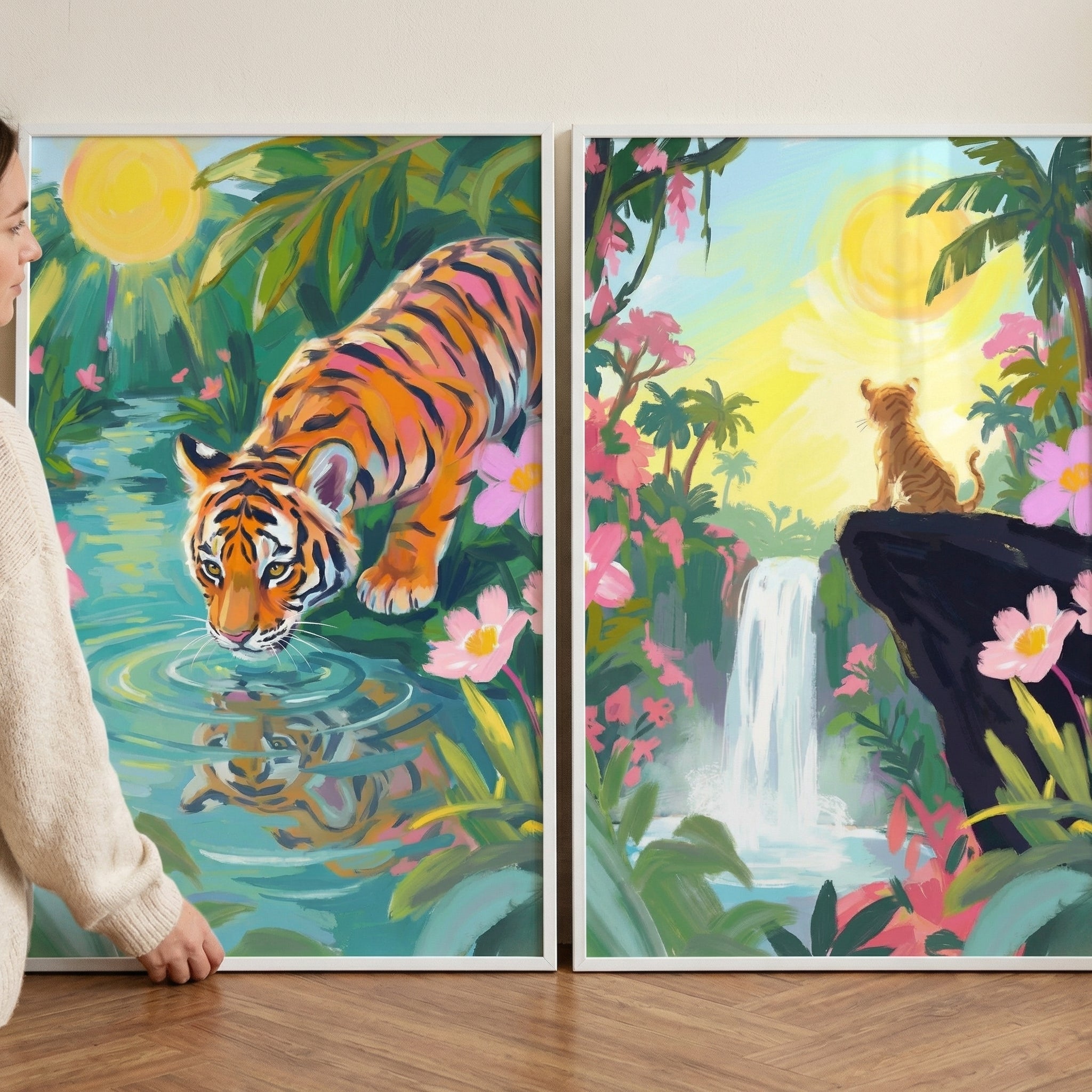 Vibrant Tropical Jungle Tiger Wall Art Set of 2 - Golden Tiger Journey