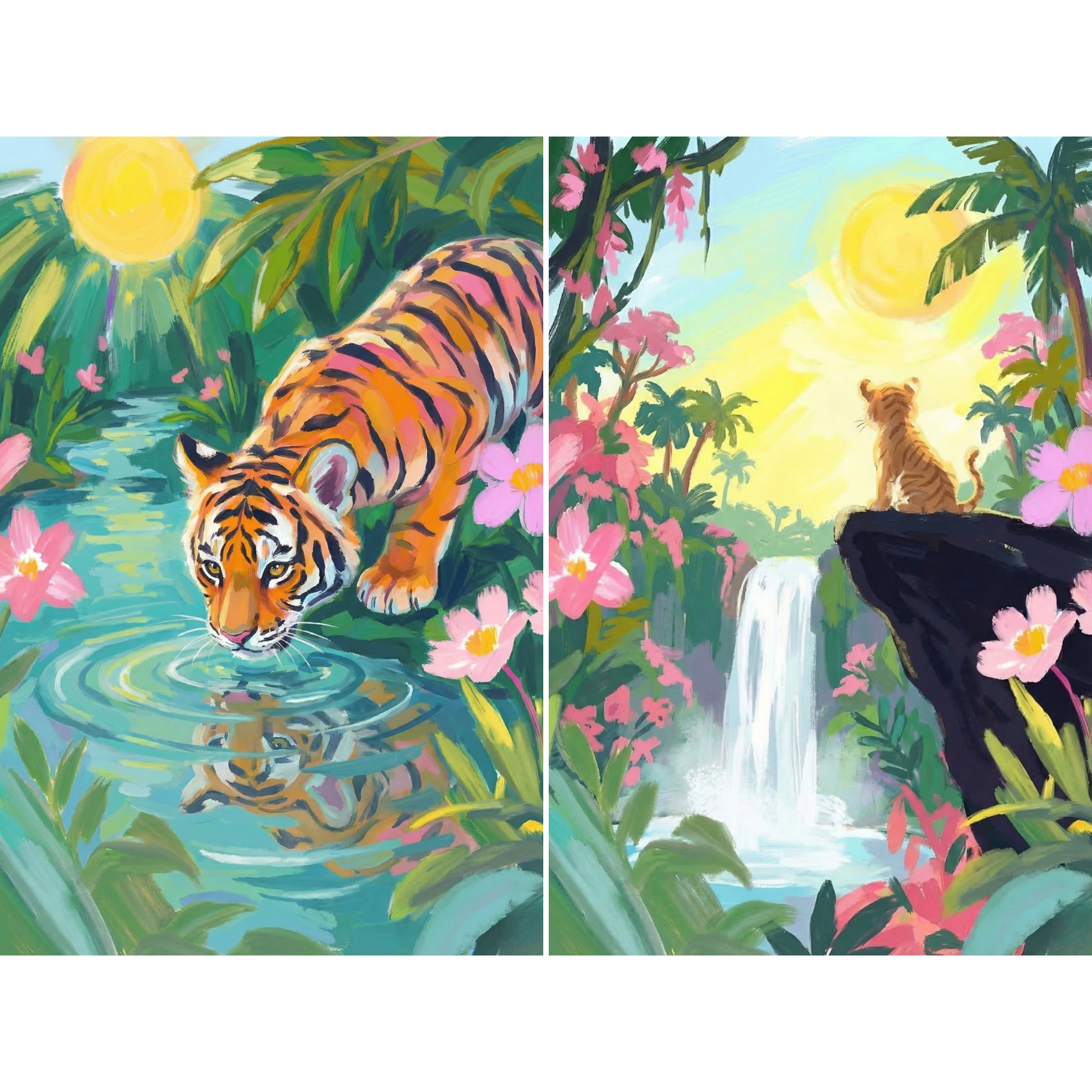 Vibrant Tropical Jungle Tiger Wall Art Set of 2 - Golden Tiger Journey