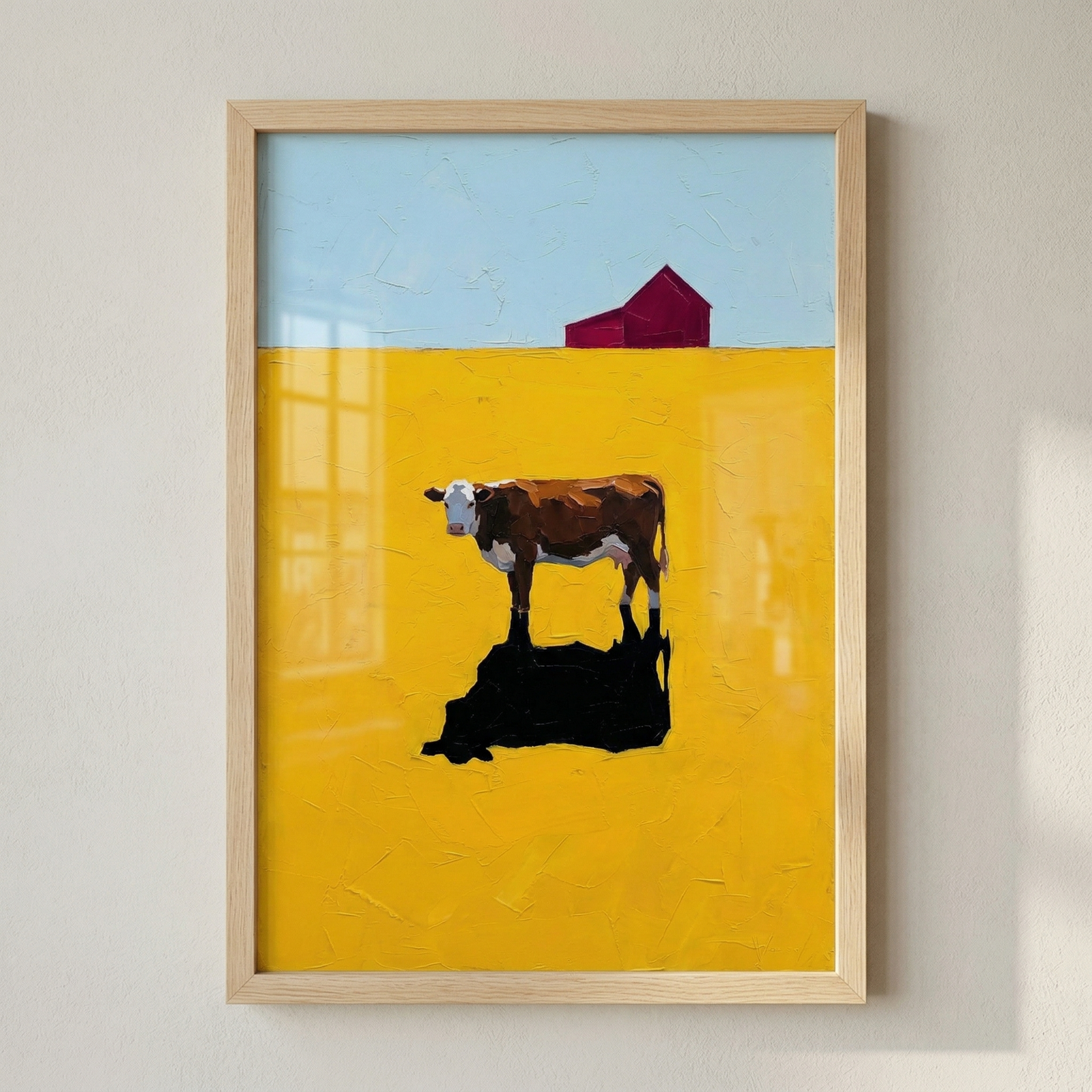 A vertical artwork, enclosed in a light wood frame, depicts a minimalist rural scene. The top portion consists of a flat, light blue sky. On the horizon, a small, stylized red building with a sloped roof stands against the blue. Below this, a large area of thick, vibrant yellow texture represents a field. In the center of the field stands a cow with dark brown and white markings. The animal is positioned over its own solid, black shadow, which creates a sharp contrast against the bright yellow ground. 