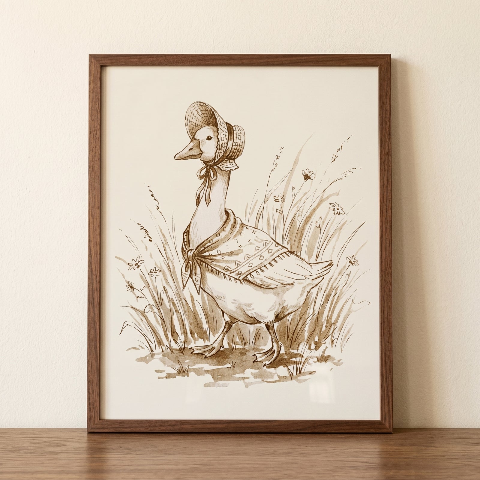 Victorian bonnet shawl goose wall art in a wood frame features a sepia illustration of a goose in a grassy field.
