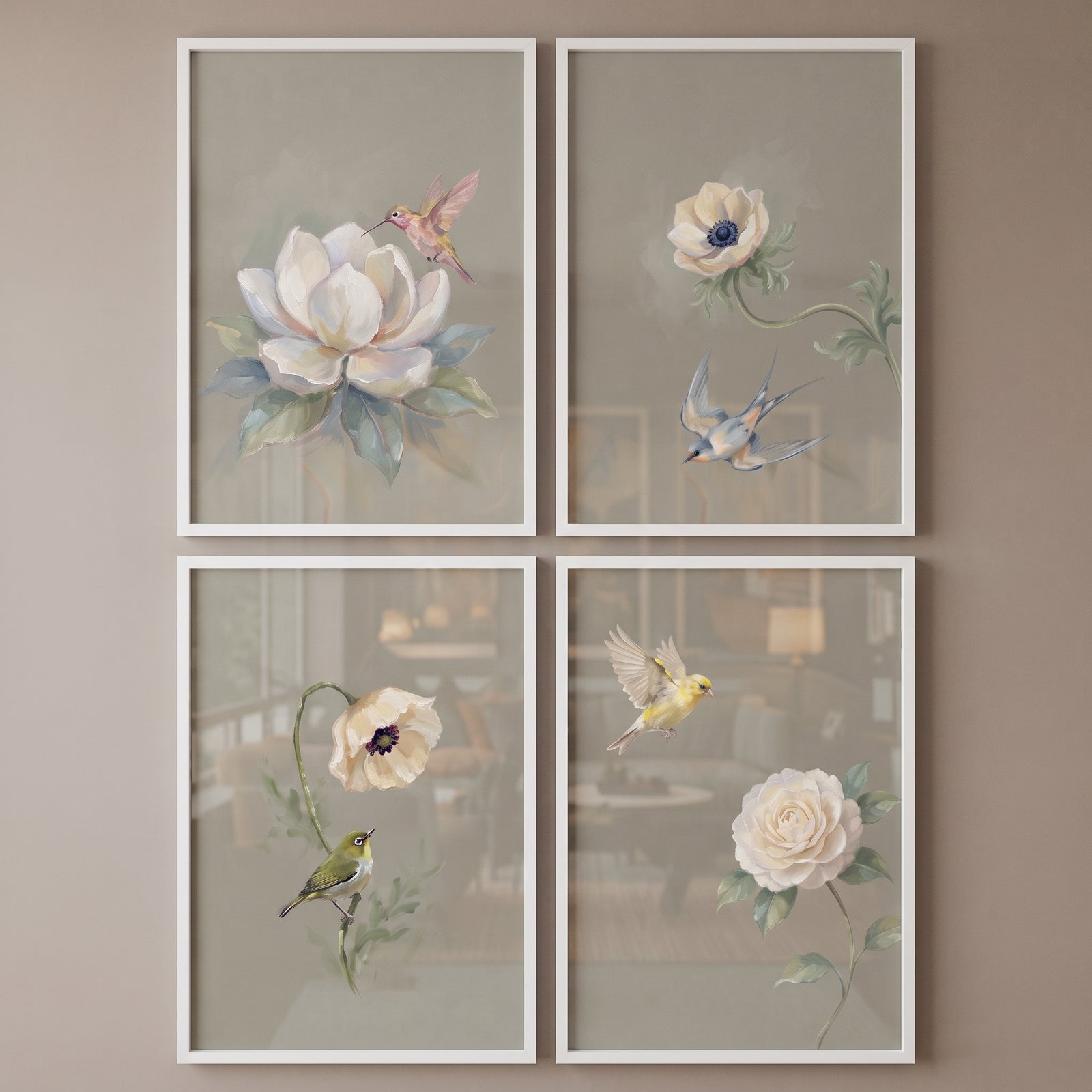 Victorian garden floral bird wall art set of 4 featuring soft illustrations of birds and flowers in white frames.
