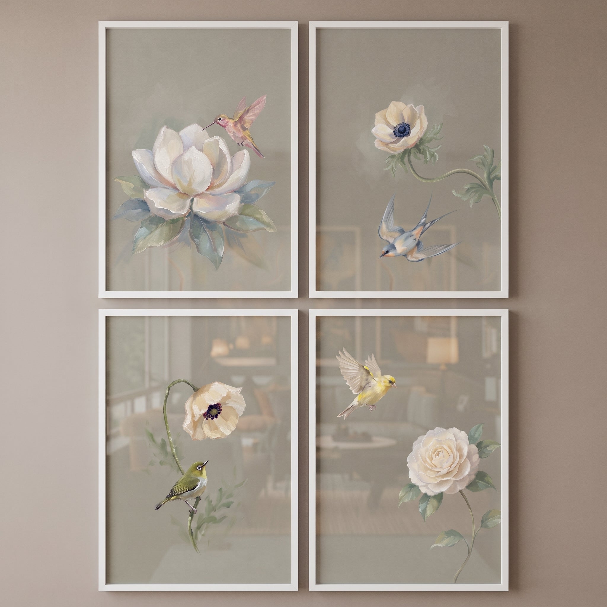 Victorian Garden Floral Bird Wall Art Set of 4 - Vintage Floral Aviary