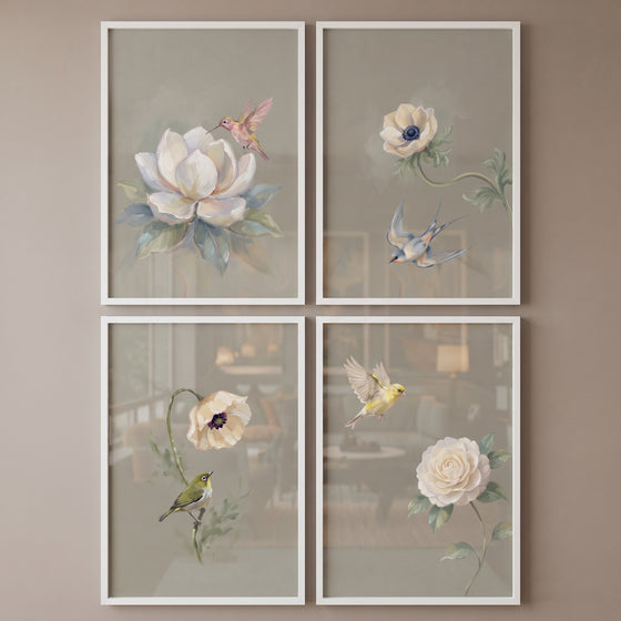 Victorian garden floral bird wall art set of 4 featuring soft illustrations of birds and flowers in white frames.
