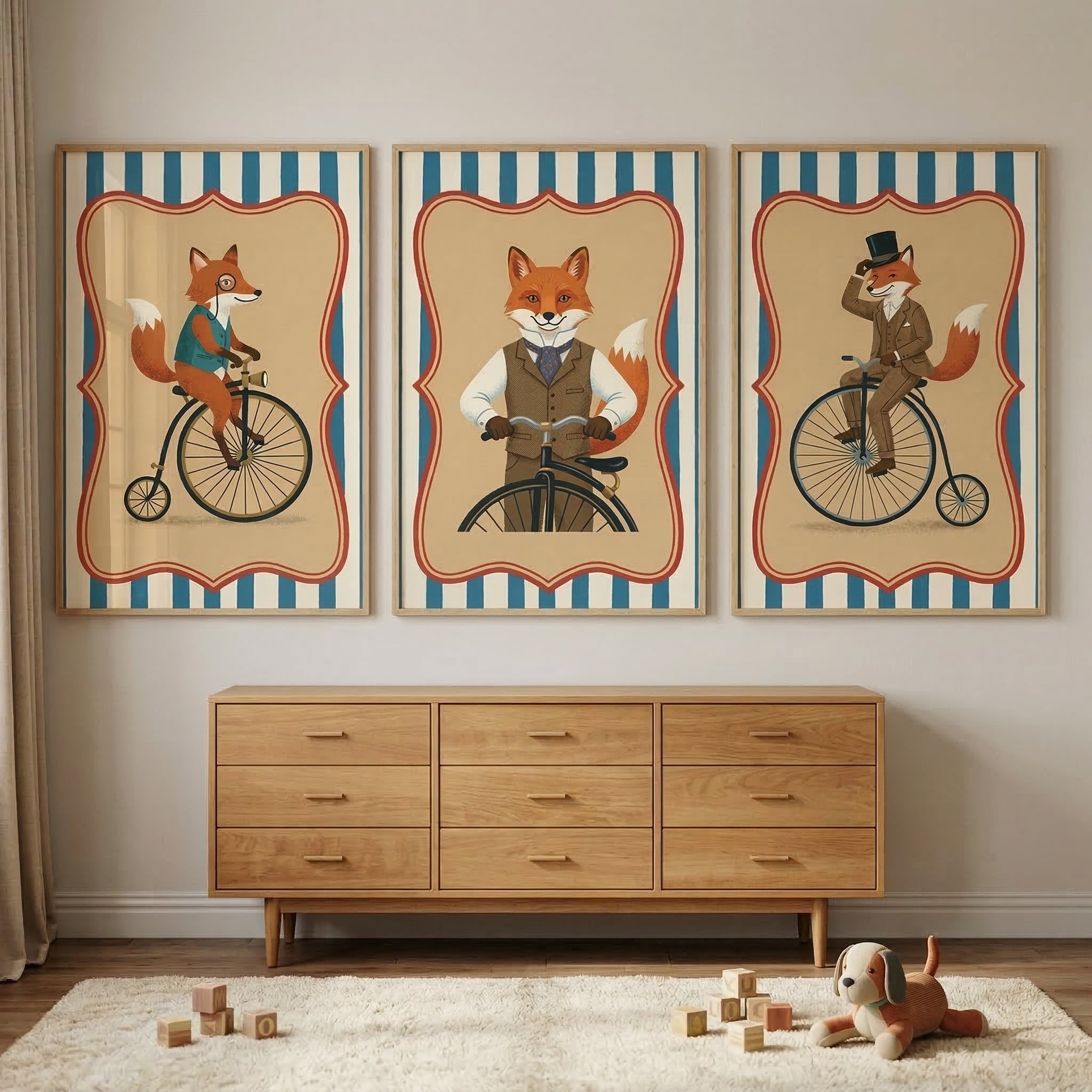 Victorian Gentleman Fox Wall Art Set of 3 - Fox Cycling Club