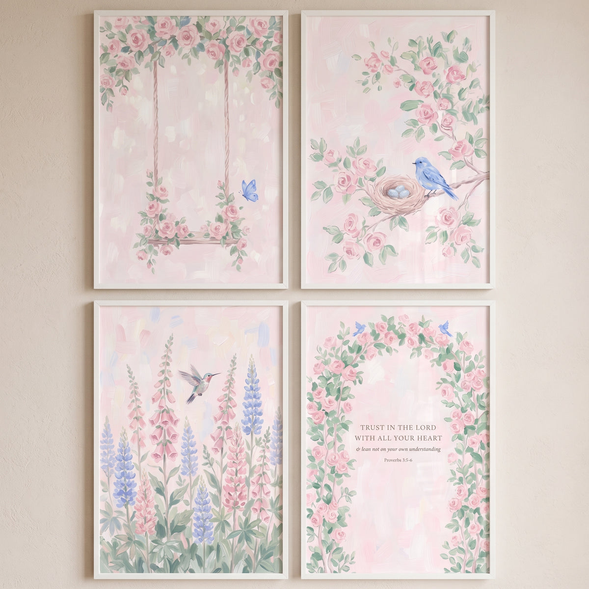 Victorian Pink Rose Garden Wall Art Set of 4 - Serene Floral Scenes