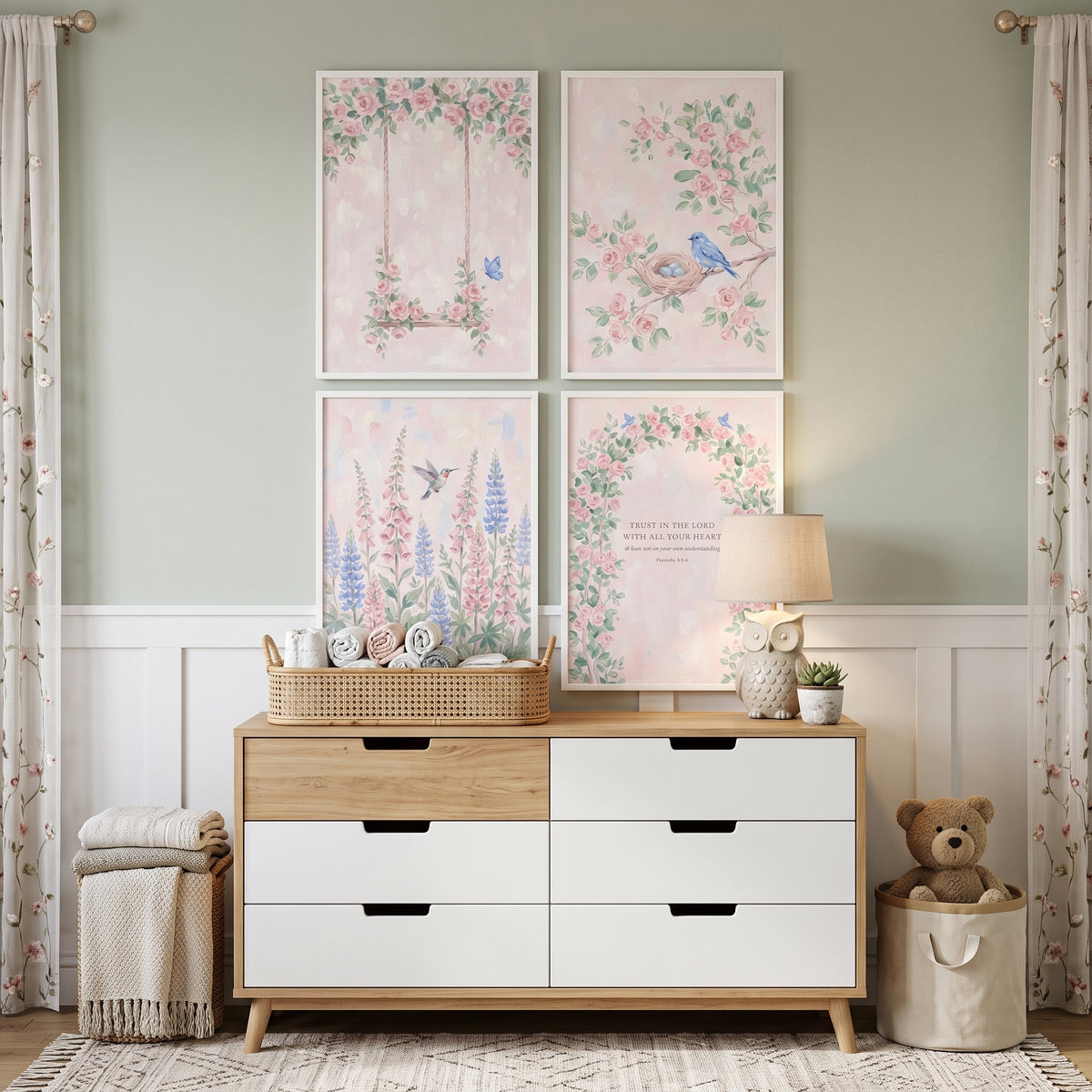 Victorian Pink Rose Garden Wall Art Set of 4 - Serene Floral Scenes