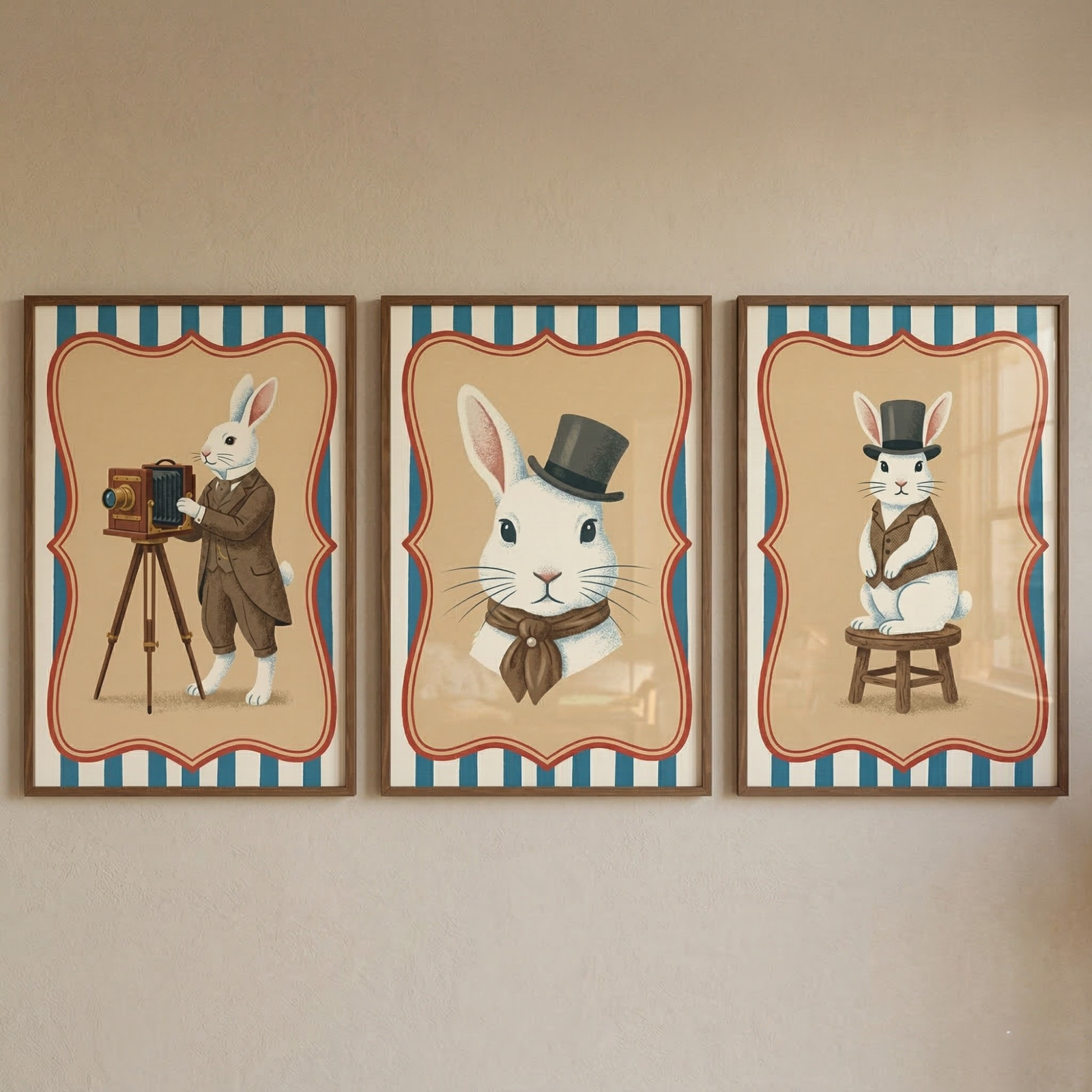 Three framed illustrations featuring white rabbits are arranged horizontally on a light-colored wall. Each artwork has a vintage-inspired design with a beige background, a scalloped red border, and blue and white vertical stripes at the top and bottom. 

In the first illustration on the left, a white rabbit wearing a brown frock coat stands next to a vintage bellows camera on a tripod. The middle illustration is a portrait of a white rabbit's head, adorned with a black top hat and a brown bow tie. 