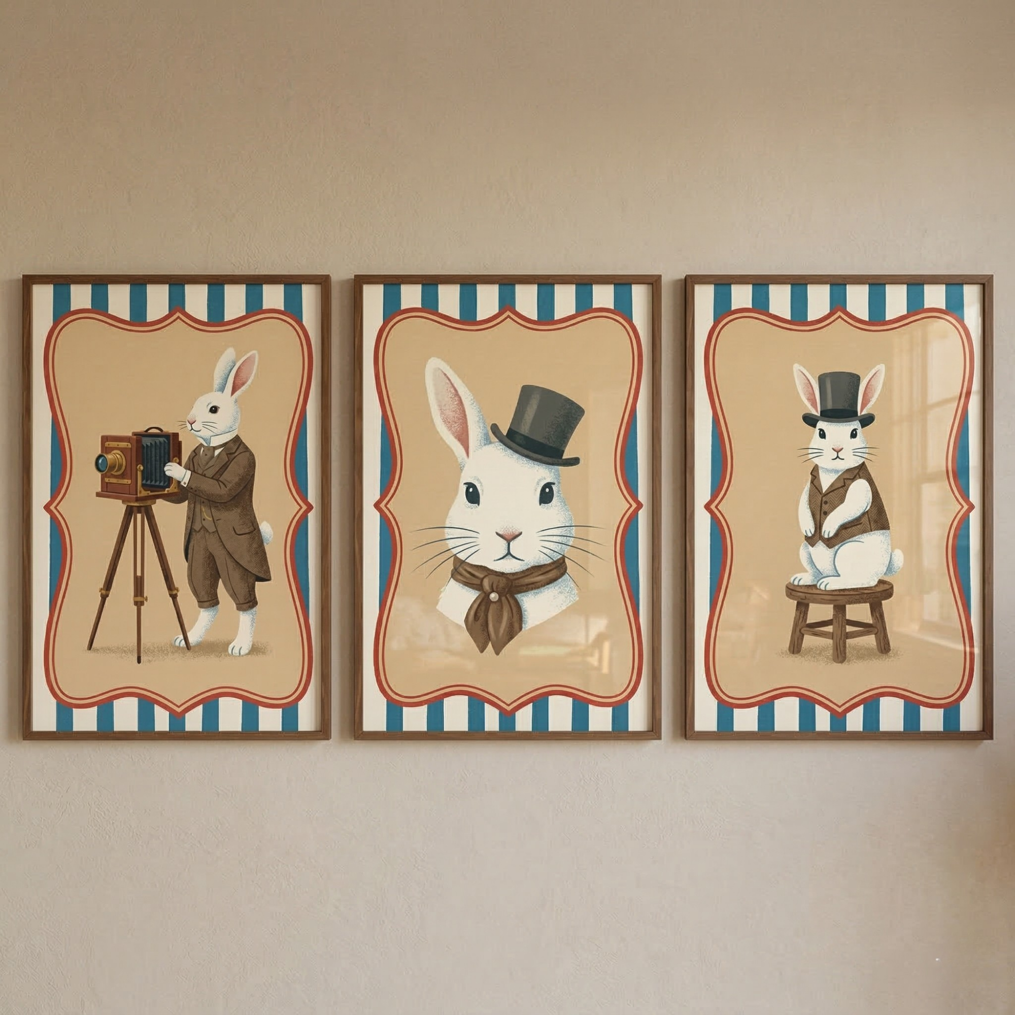 Victorian Gentleman White Rabbit Wall Art Set of 3 - Dapper Rabbit Trio