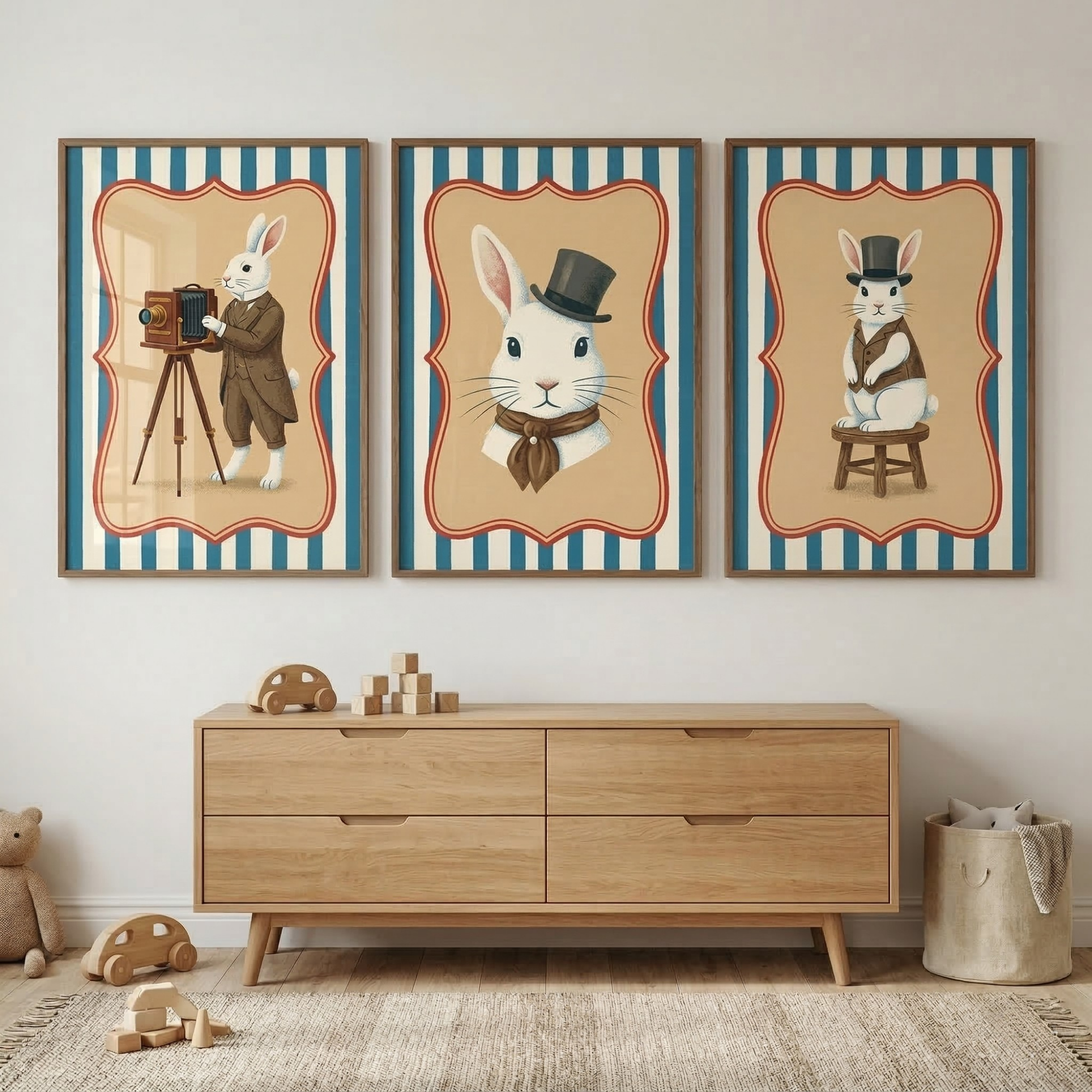 Victorian Gentleman White Rabbit Wall Art Set of 3 - Dapper Rabbit Trio
