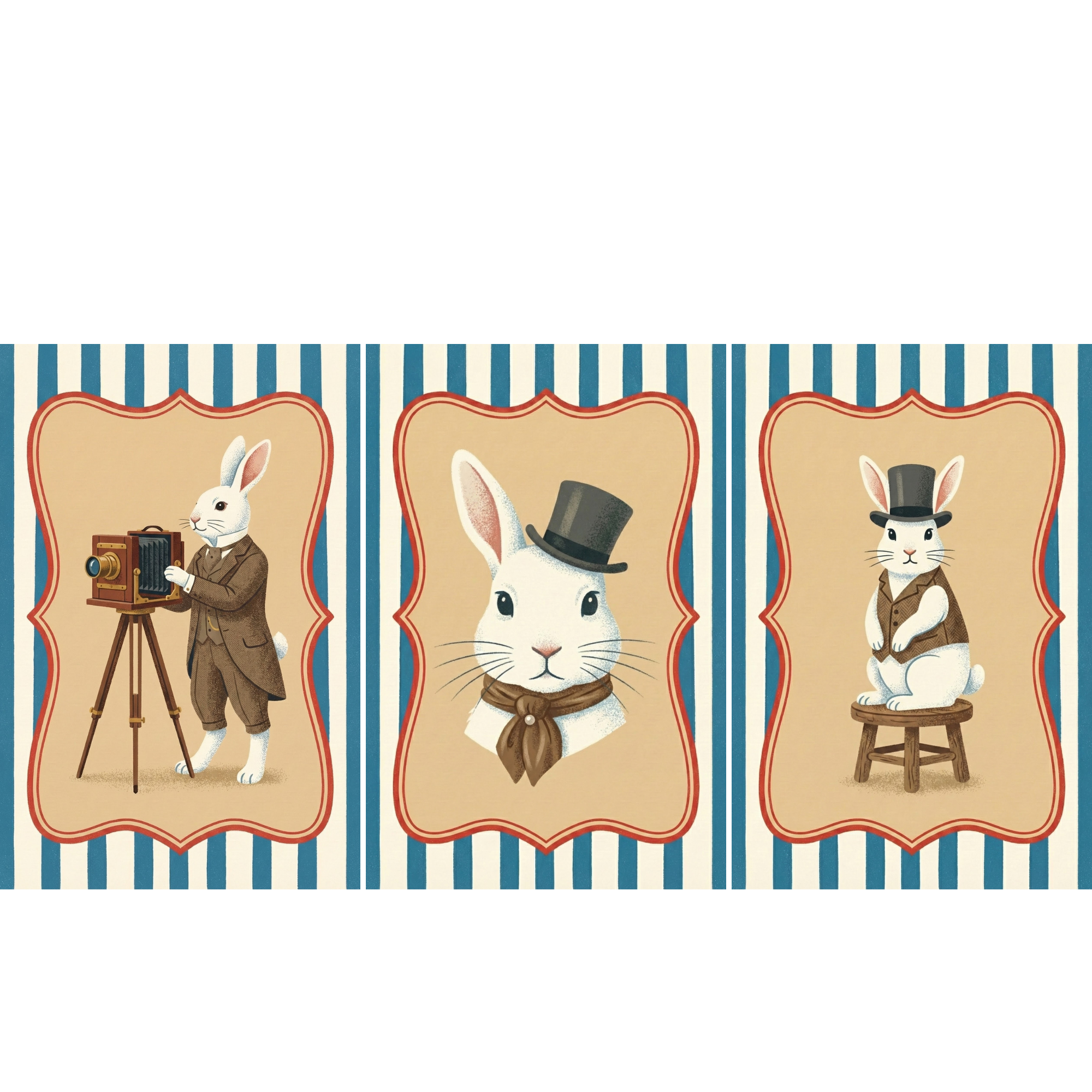 Victorian White Rabbit Gentleman Wall Art - Set of 3