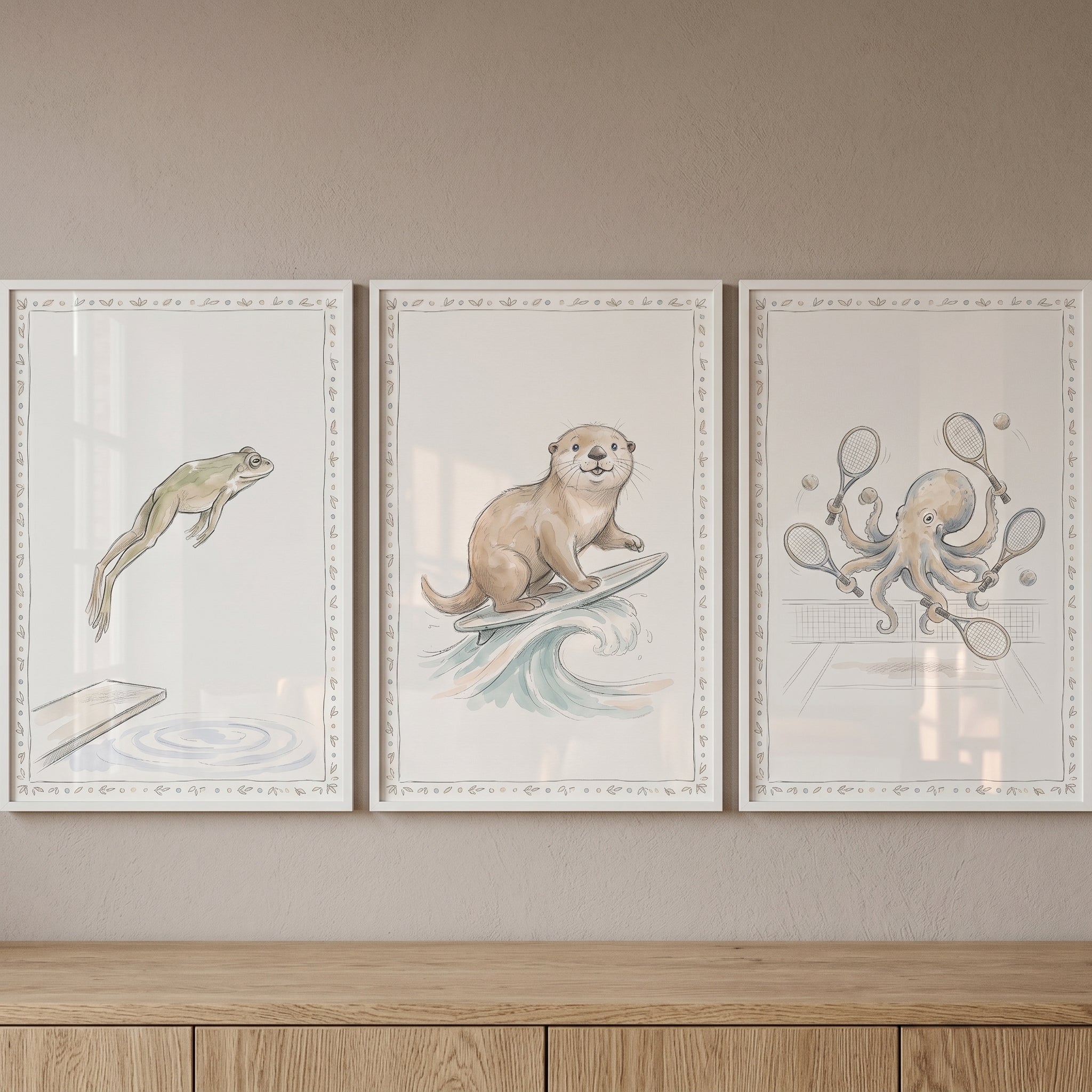 Vine Border Athletic Animals Wall Art Set of 3 - Whimsical Water Sports