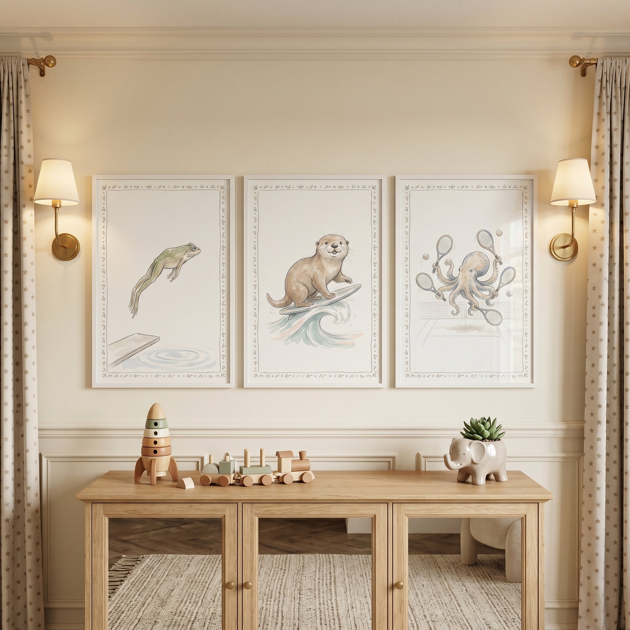 Vine Border Athletic Animals Wall Art Set of 3 - Whimsical Water Sports
