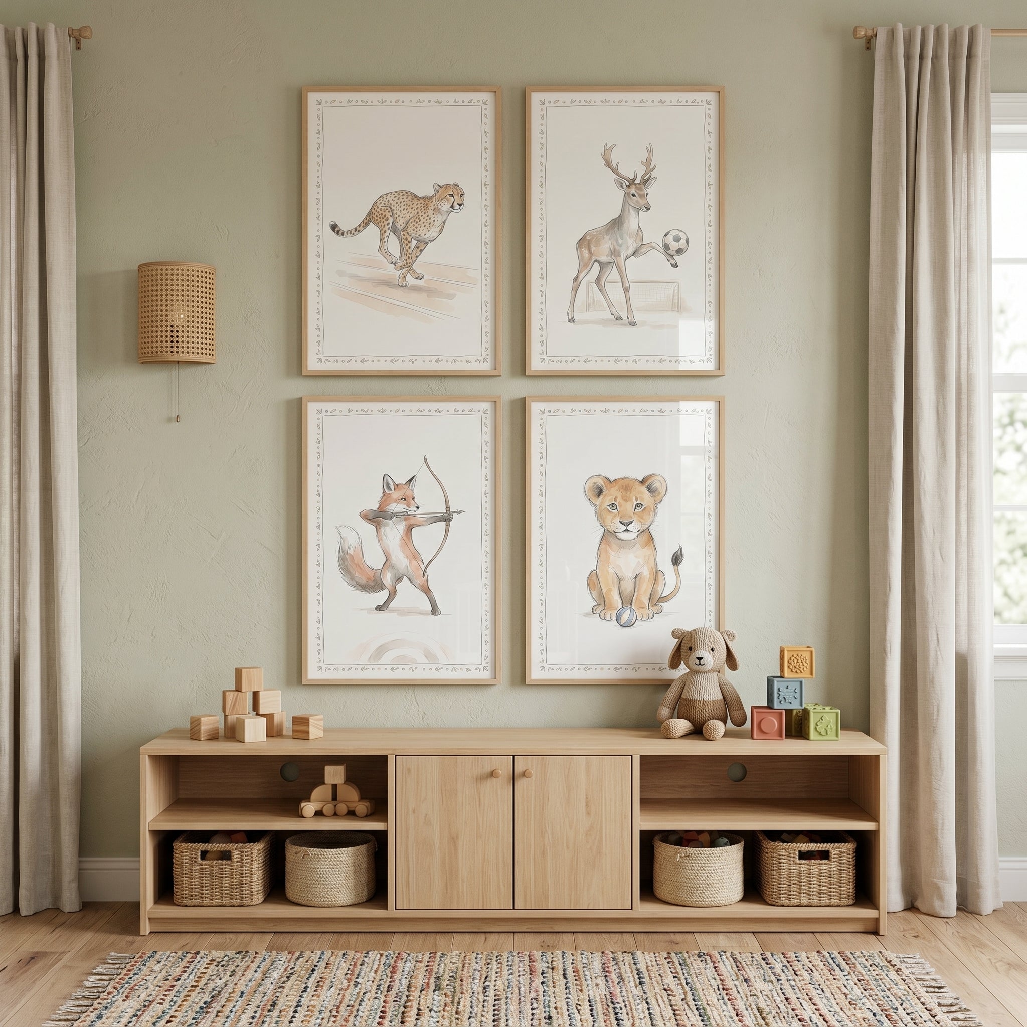 Vine Border Sports Animals Wall Art Set of 4 - Nature Athlete Series