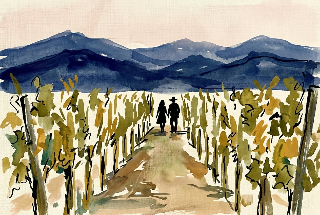 Watercolor scene of a man and woman holding hands while walking through rows of grapevines, with rolling blue mountains in the distance beneath a light pink sky.
