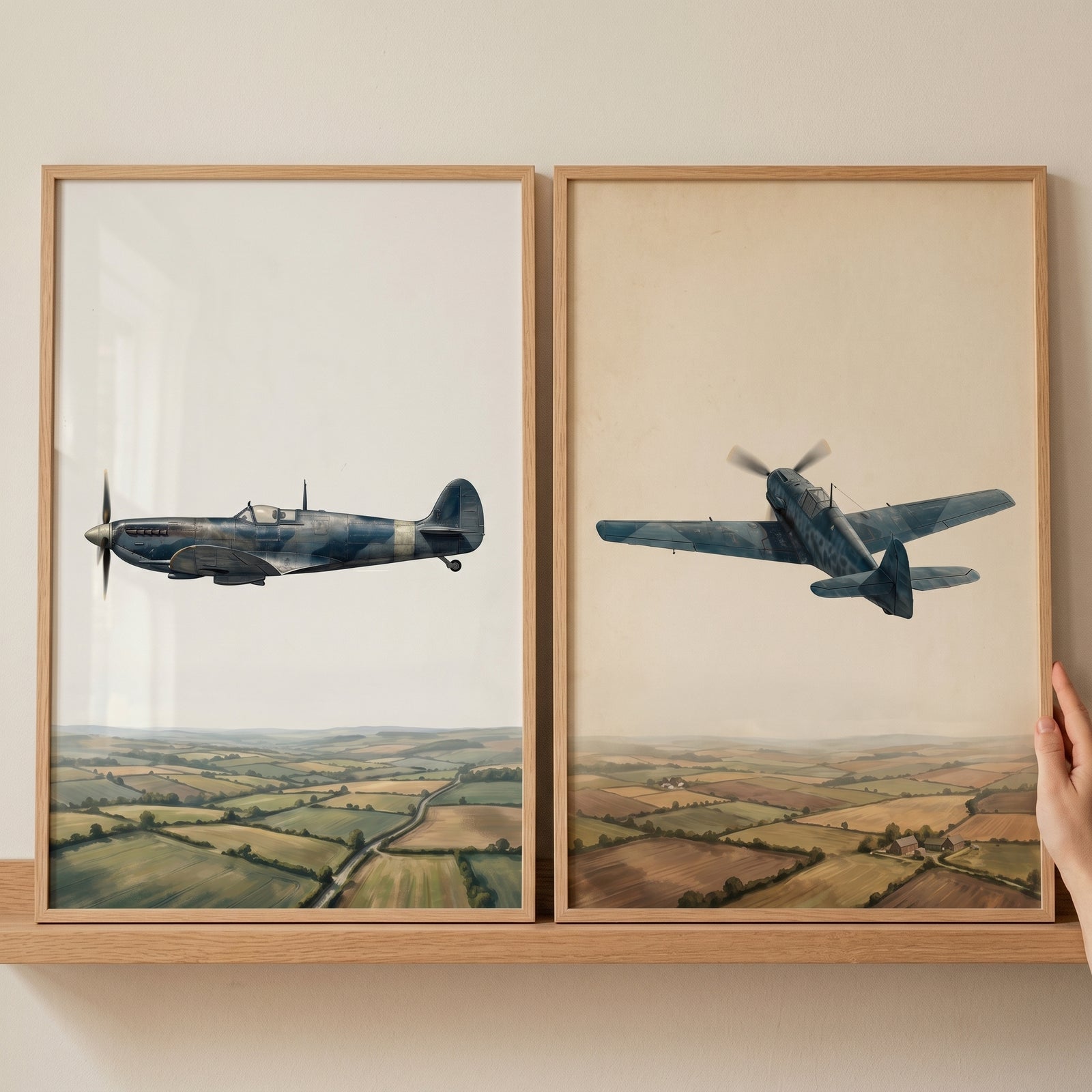 Vintage aerial countryside airplane wall art set of 2 with blue propeller planes flying over green and tan fields.
