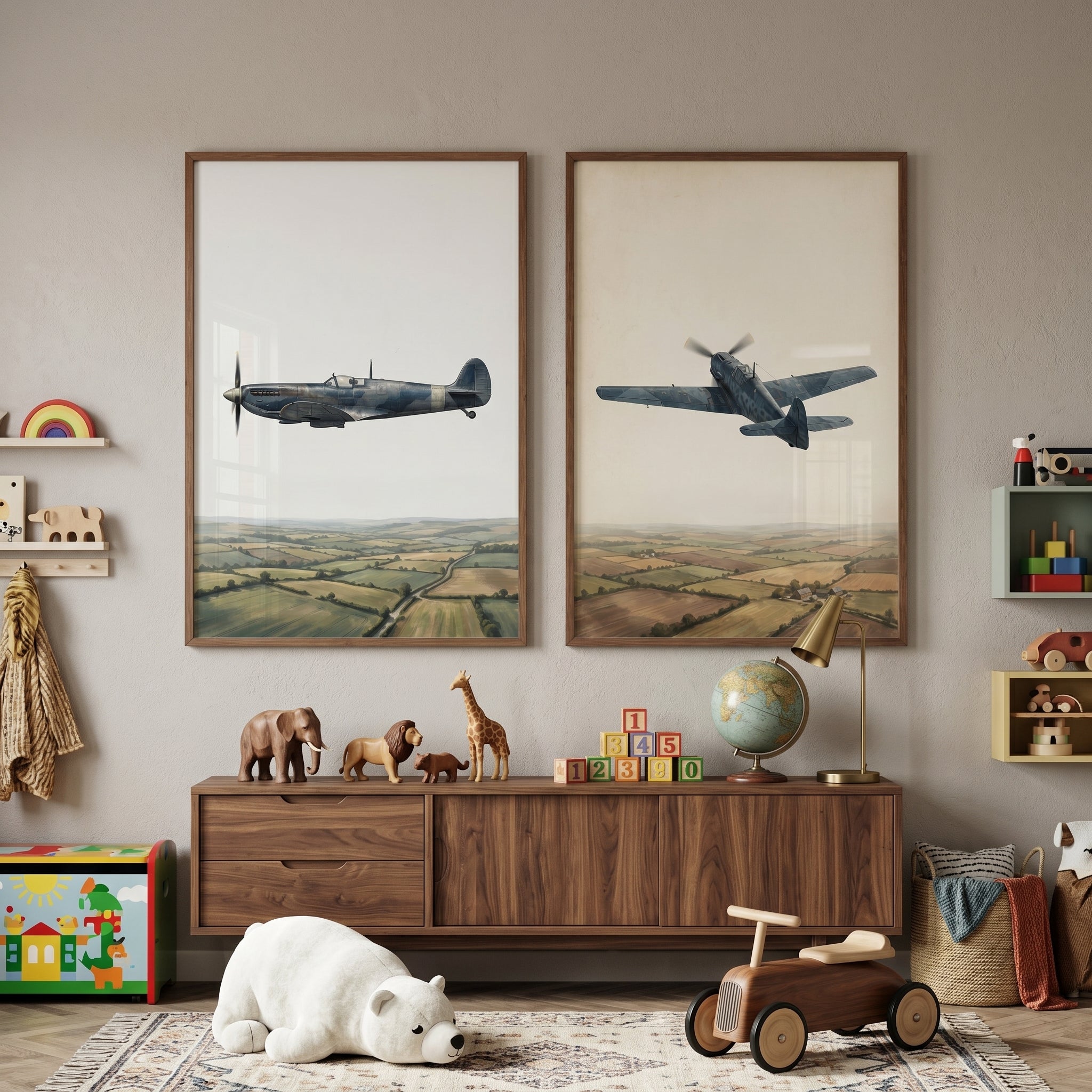 Vintage Aerial Countryside Airplane Wall Art Set of 2 - Historic Flight Duel
