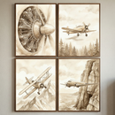 A grid of four framed vintage aviation illustrations in warm sepia tones. The top-left image shows a detailed close-up of a radial engine and propeller. The top-right features a single-engine monoplane flying over a coniferous forest. The bottom-left depicts a biplane soaring through a mountainous landscape. The bottom-right captures a twin-engine propeller aircraft traveling alongside a tall coastal cliff. Each piece has a soft, watercolor-style aesthetic with delicate washes.