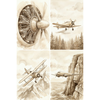 Four sepia-toned watercolor-style illustrations featuring vintage aviation themes. The top-left image shows a detailed close-up of a radial aircraft engine and its propeller. The top-right depicts a single-engine aircraft flying over a dense evergreen forest. In the bottom-left, a biplane soars above rugged, snow-dusted mountain peaks. The bottom-right image features a twin-engine vintage transport plane flying alongside a massive coastal cliff overlooking the ocean.