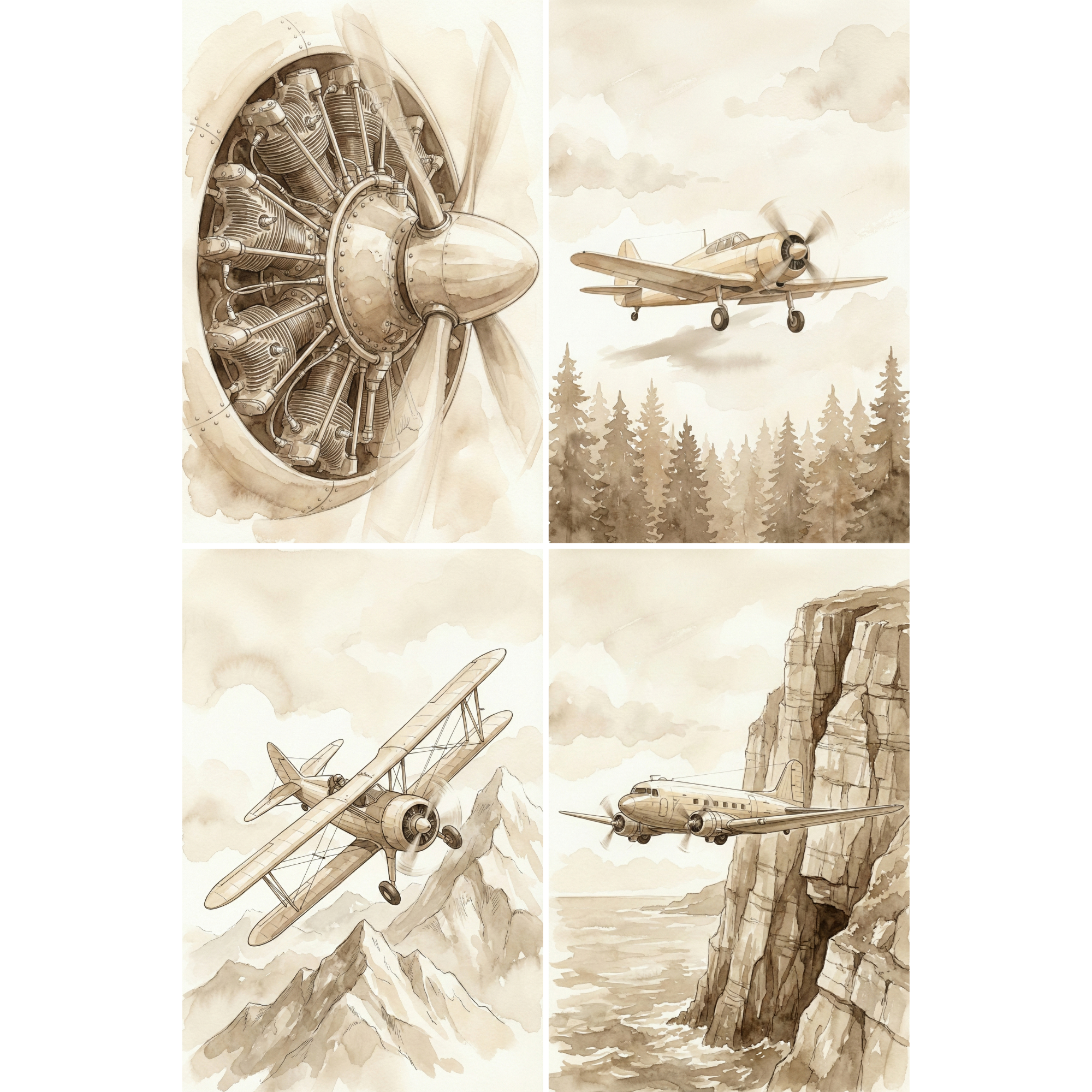 Four sepia-toned watercolor-style illustrations featuring vintage aviation themes. The top-left image shows a detailed close-up of a radial aircraft engine and its propeller. The top-right depicts a single-engine aircraft flying over a dense evergreen forest. In the bottom-left, a biplane soars above rugged, snow-dusted mountain peaks. The bottom-right image features a twin-engine vintage transport plane flying alongside a massive coastal cliff overlooking the ocean.