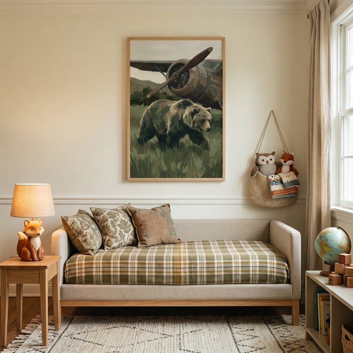 Vintage airplane brown bear wall art hangs above a plaid daybed in a cozy room with a fox lamp and a patterned rug.