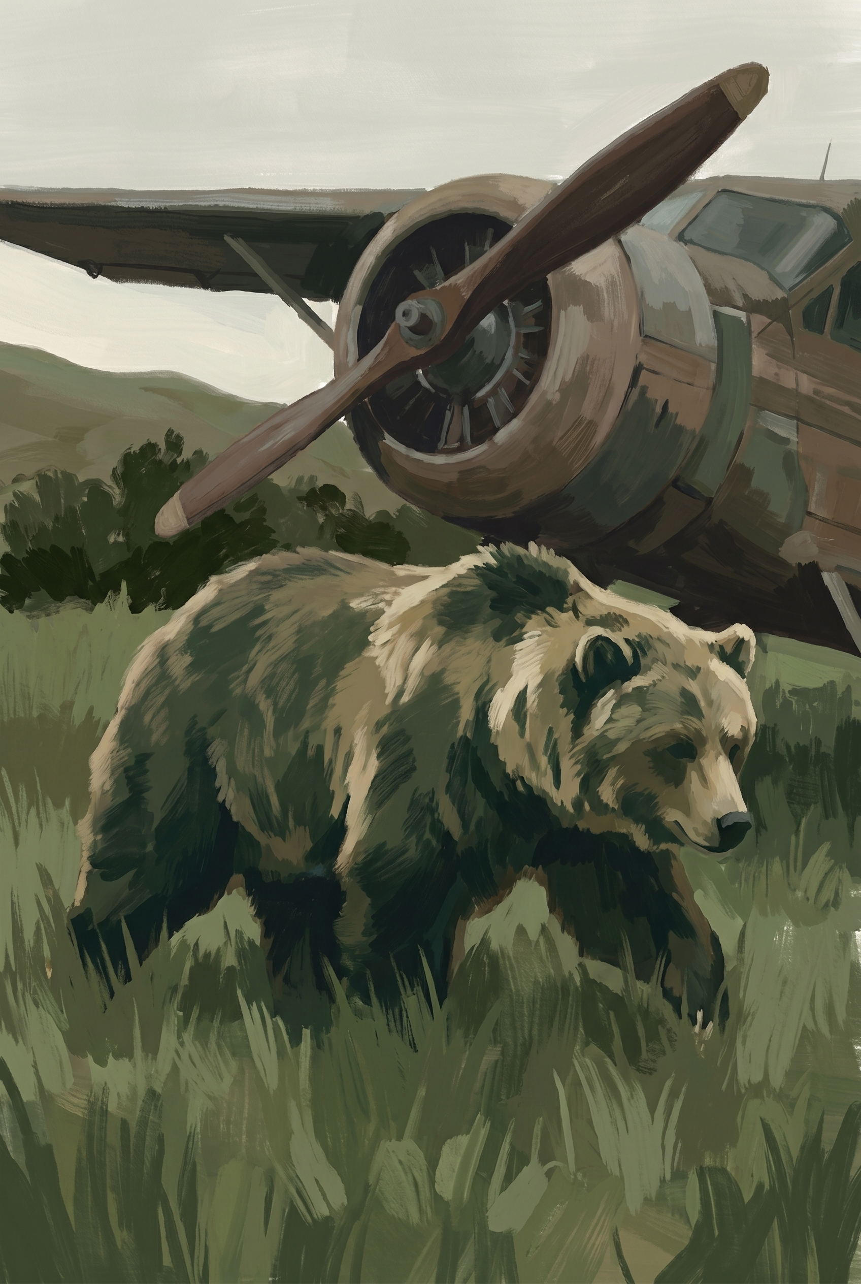 Vintage Airplane Brown Bear Wall Art - Wilderness Guardian