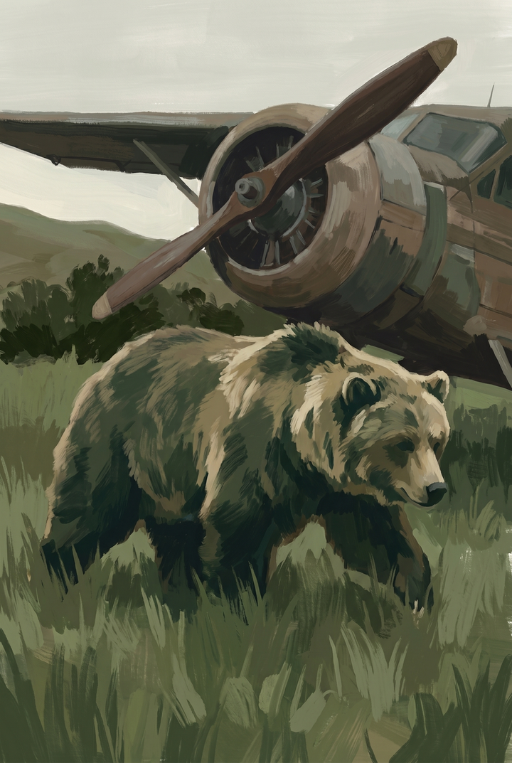 Brown bear walking through tall grass in front of a grounded propeller plane; vintage airplane brown bear wall art.
