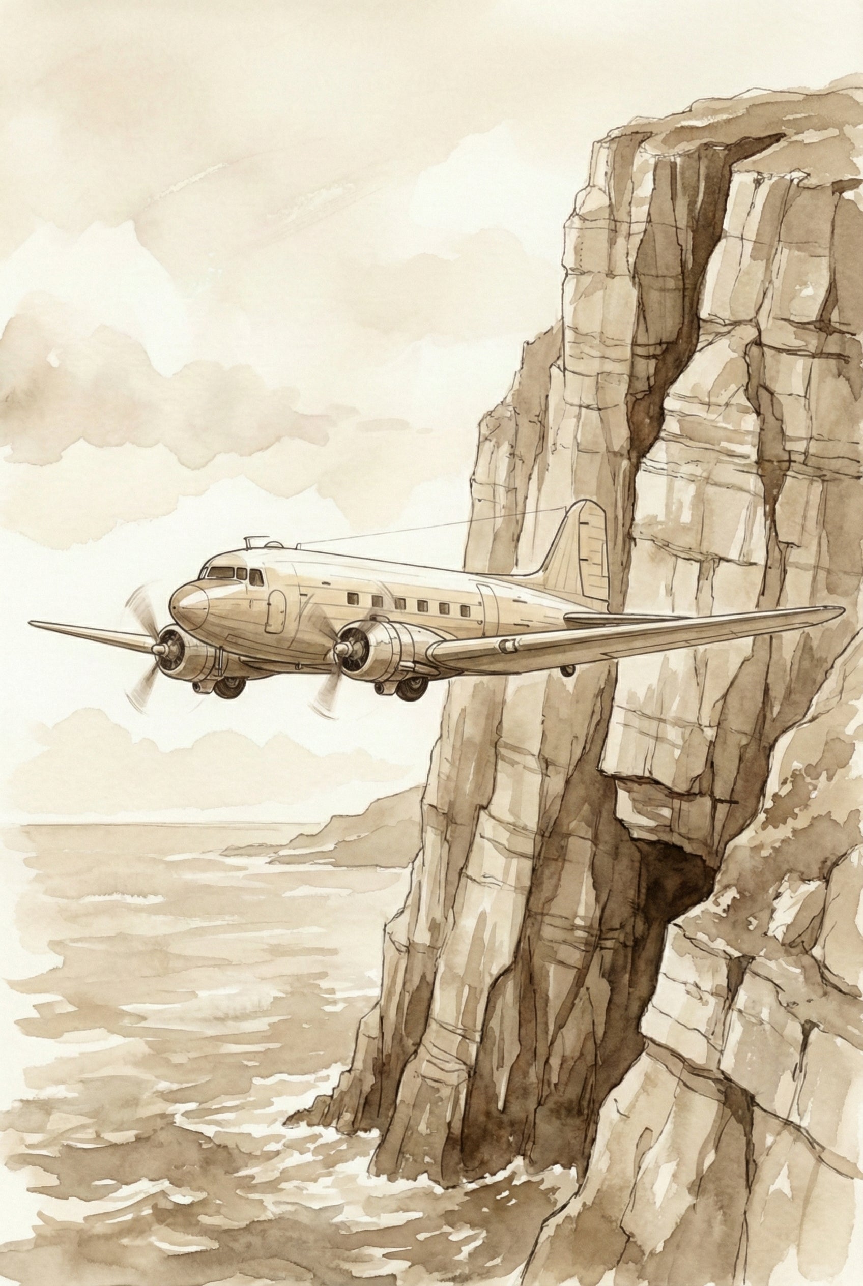 Vintage Airplane Flying Past Steep Cliffs Wall Art - Coastal Cliff Flight