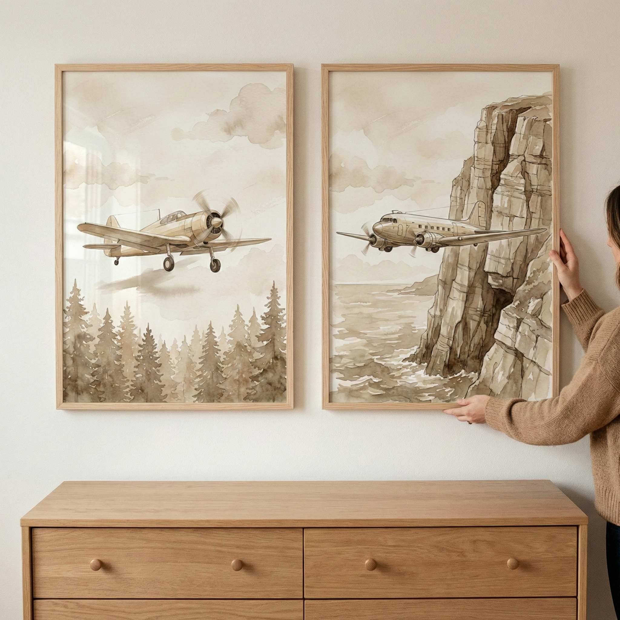Vintage Airplane Wall Art Set of 2 - Vintage Sky Journey
