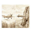 A two-panel sepia-toned illustration featuring vintage aircraft. The left panel shows a single-engine propeller plane flying over a dense forest of evergreen trees under a soft, cloudy sky. The right panel depicts a twin-engine propeller plane soaring past a steep, rocky coastal cliff overlooking a wavy sea. Both panels are rendered in a watercolor style with monochromatic brown washes and detailed line work, creating a nostalgic, historical atmosphere.