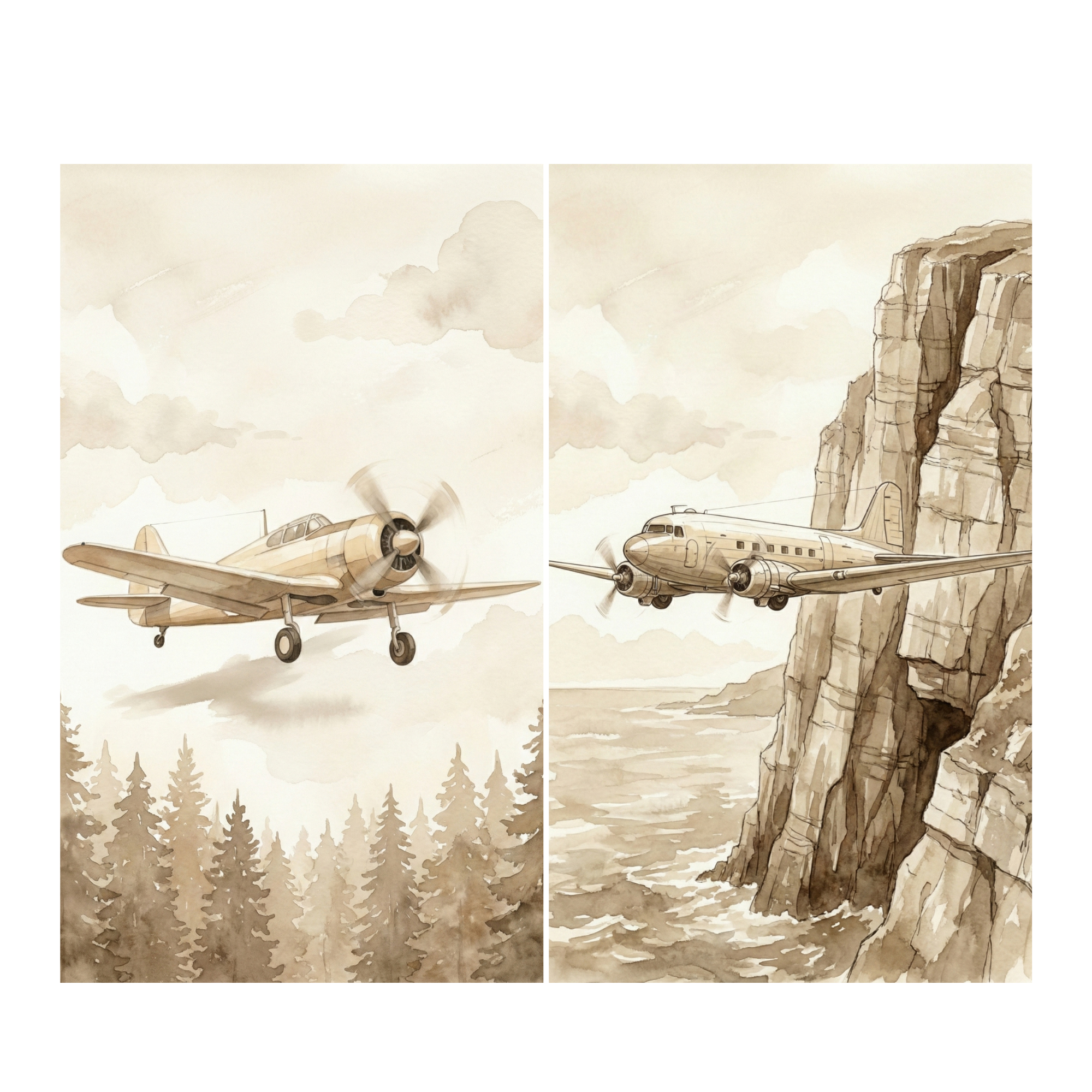 A two-panel sepia-toned illustration featuring vintage aircraft. The left panel shows a single-engine propeller plane flying over a dense forest of evergreen trees under a soft, cloudy sky. The right panel depicts a twin-engine propeller plane soaring past a steep, rocky coastal cliff overlooking a wavy sea. Both panels are rendered in a watercolor style with monochromatic brown washes and detailed line work, creating a nostalgic, historical atmosphere.