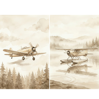 A two-panel sepia-toned illustration set in a soft watercolor style. The left panel shows a vintage single-engine propeller airplane flying over a dense coniferous forest under a cloudy sky. The right panel depicts a vintage floatplane resting on a calm lake, with its reflection mirroring in the water. The background features misty mountains and evergreen trees, all rendered in warm, monochromatic cream and brown hues that evoke a sense of nostalgia.