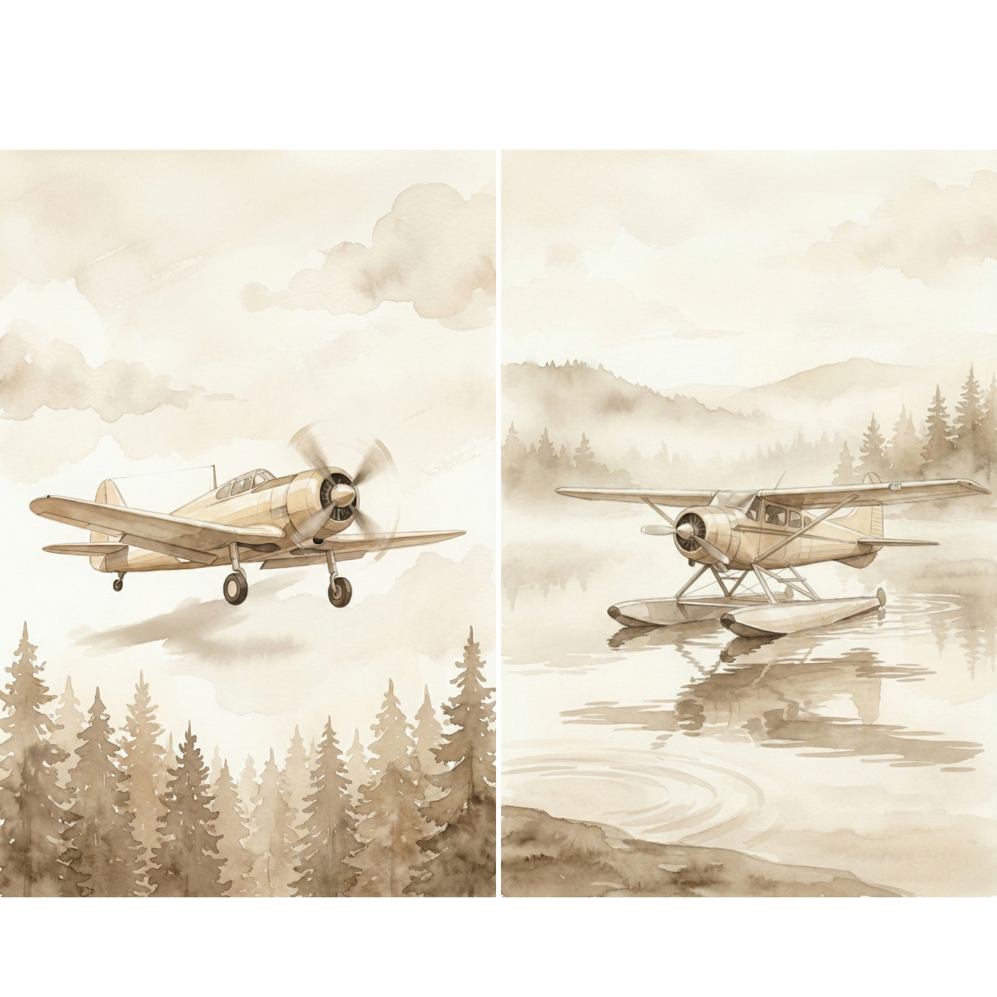 A two-panel sepia-toned illustration set in a soft watercolor style. The left panel shows a vintage single-engine propeller airplane flying over a dense coniferous forest under a cloudy sky. The right panel depicts a vintage floatplane resting on a calm lake, with its reflection mirroring in the water. The background features misty mountains and evergreen trees, all rendered in warm, monochromatic cream and brown hues that evoke a sense of nostalgia.