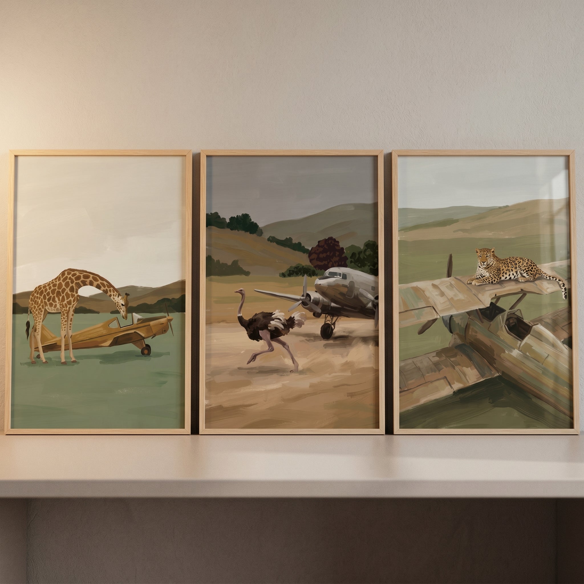 Vintage Airplane Safari Animal Wall Art Set of 3 - Wild Aviator Safari