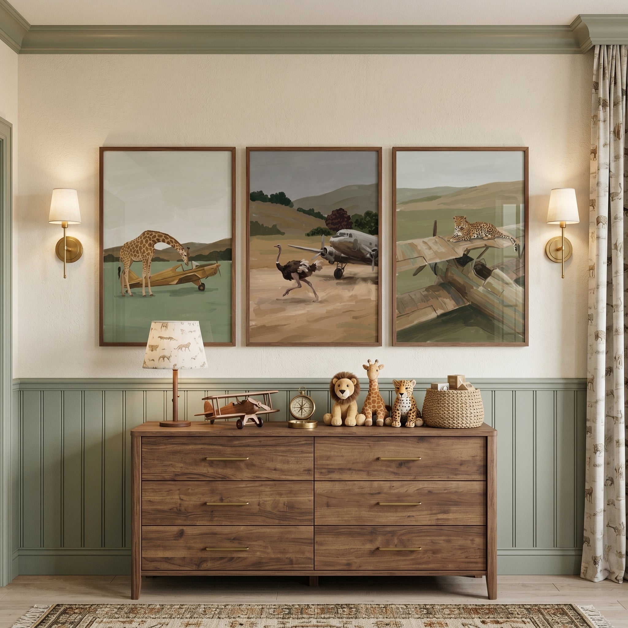 Vintage Airplane Safari Animal Wall Art Set of 3 - Wild Aviator Safari