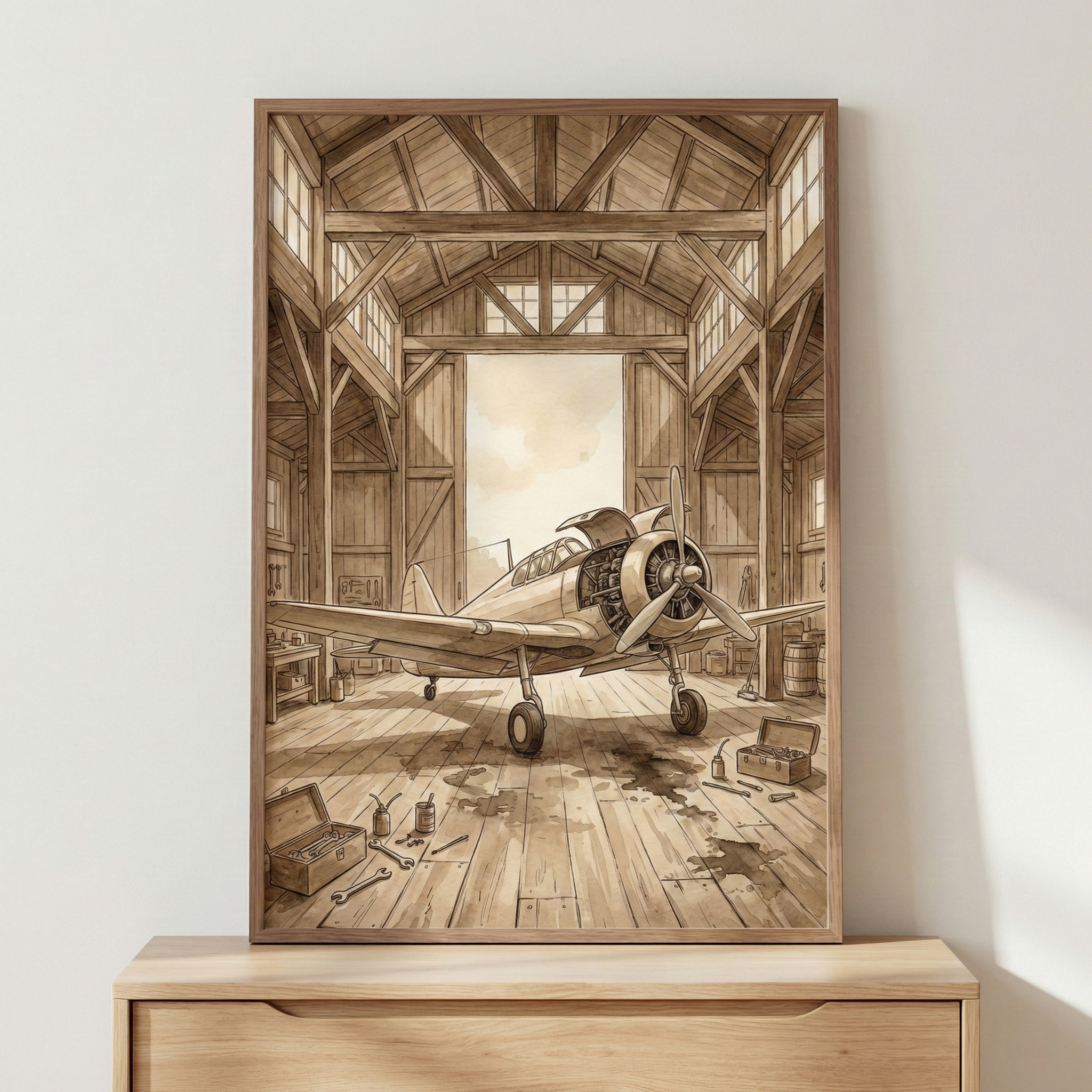 A framed piece of art depicting a vintage propeller airplane inside a rustic wooden hangar. The low-wing monoplane features a radial engine with its cowling open for maintenance. Scattered around the plane on the wooden floor are toolboxes, wrenches, and oil spills. The hangar has an intricate timber-framed ceiling and large open doors showing a bright sky. The artwork is in a sepia-toned illustrative style, framed in wood, and resting on a wooden cabinet against a plain wall.