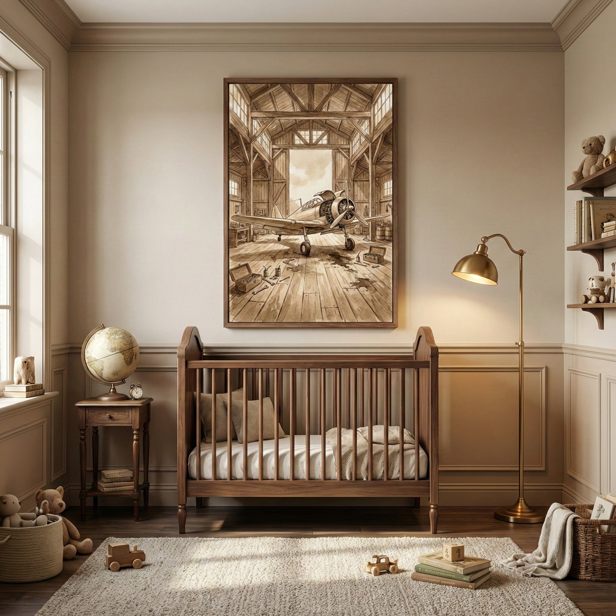 A neutral-toned nursery features a classic aviation theme. Above a dark wooden crib hangs a large framed illustration of a vintage propeller airplane inside a rustic wooden hangar. To the left, a small wooden side table holds an antique-style globe. On the right stands a tall, curved brass floor lamp. The room has beige walls with molding and a light-colored rug. Scattered on the floor and shelves are wooden toys, books, and stuffed bears, creating a warm and cozy atmosphere.