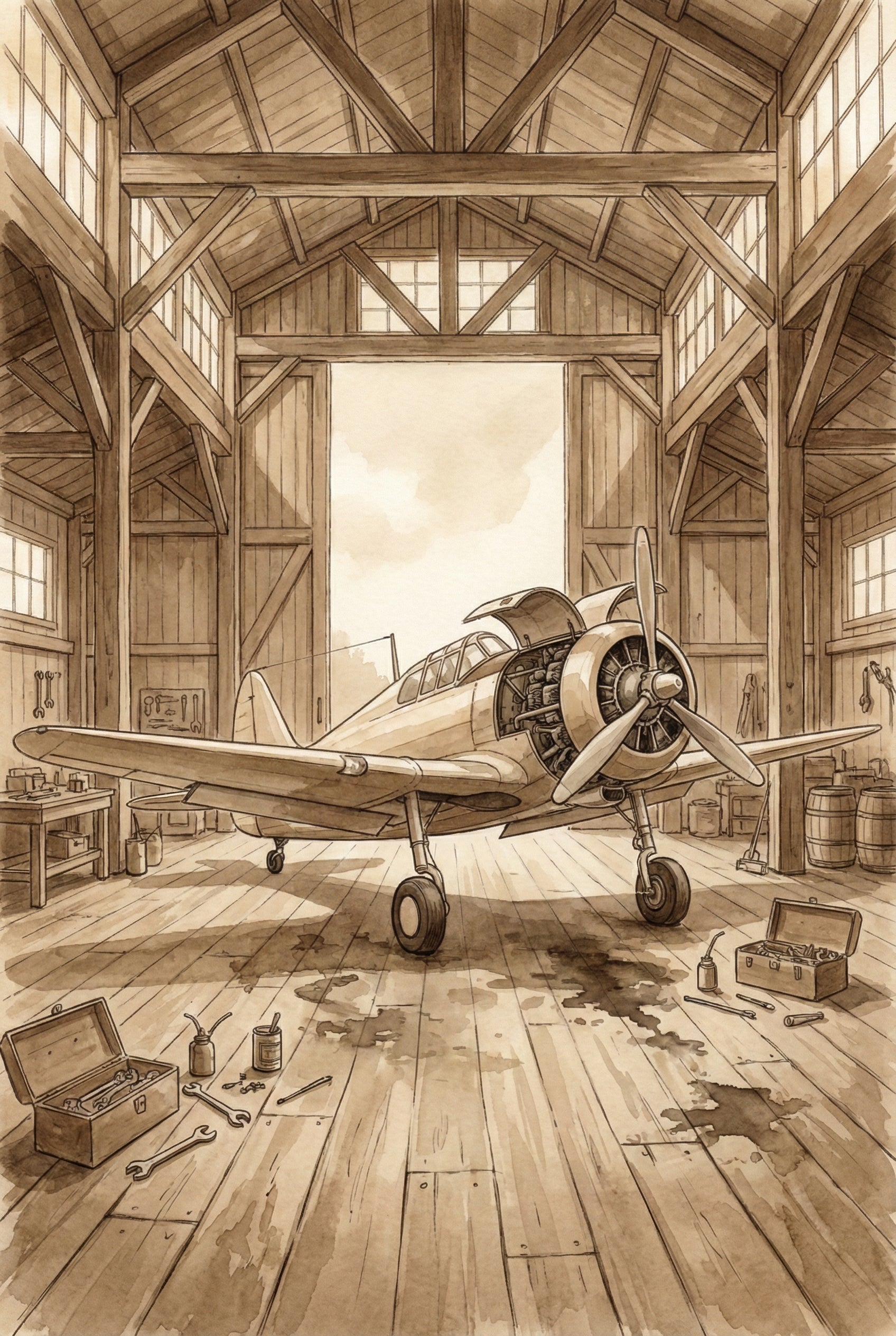 Sepia ink illustration of a vintage propeller airplane parked inside a wooden hangar, surrounded by scattered tools, oil cans, and warm rustic barn beams.