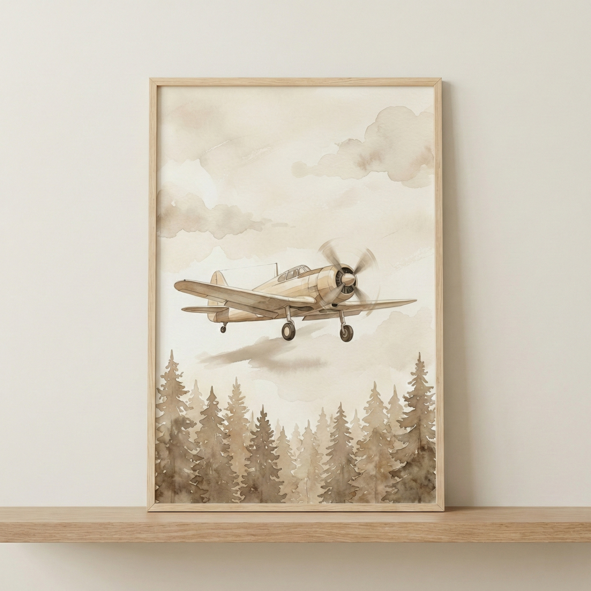 Vintage Airplane Watercolor Nursery Wall Art - Vintage Forest Flight