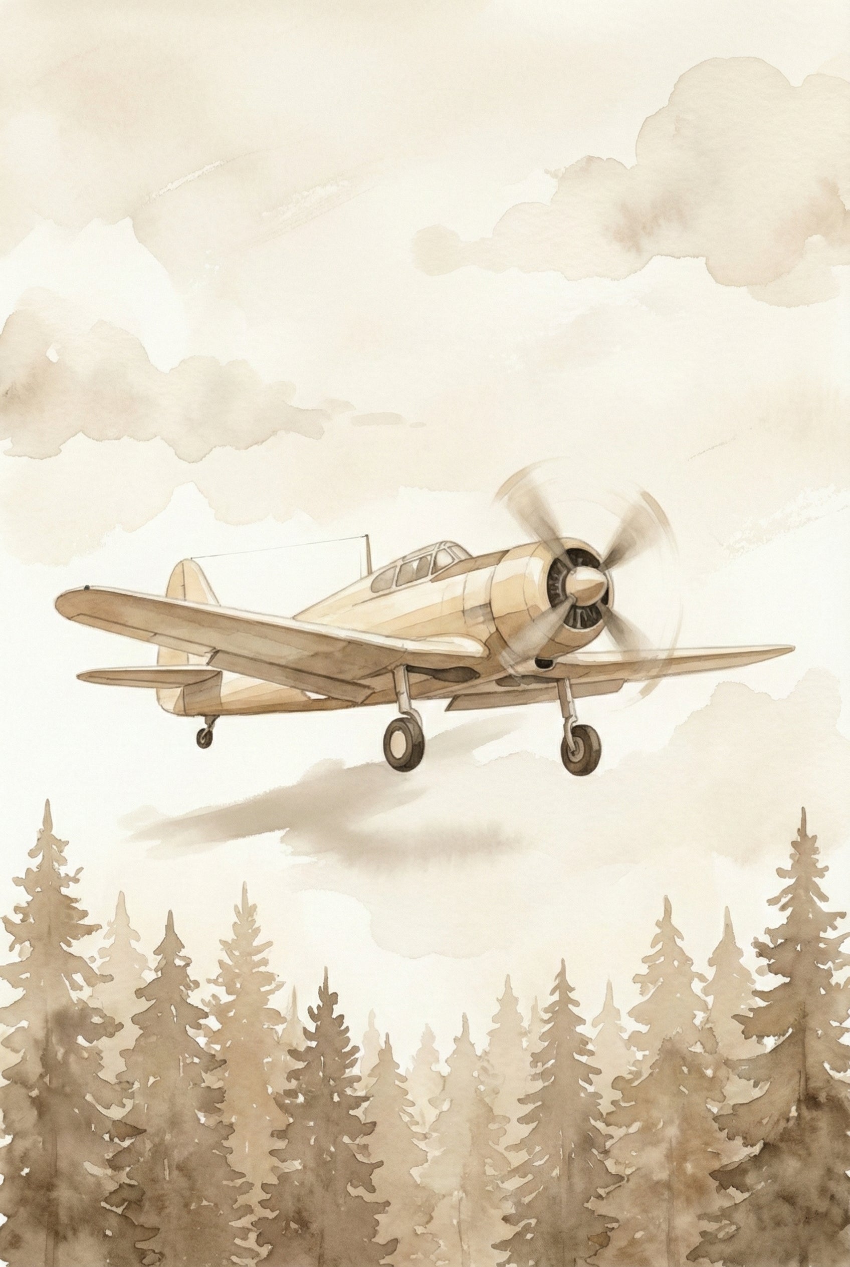 Vintage Airplane Watercolor Nursery Wall Art - Vintage Forest Flight
