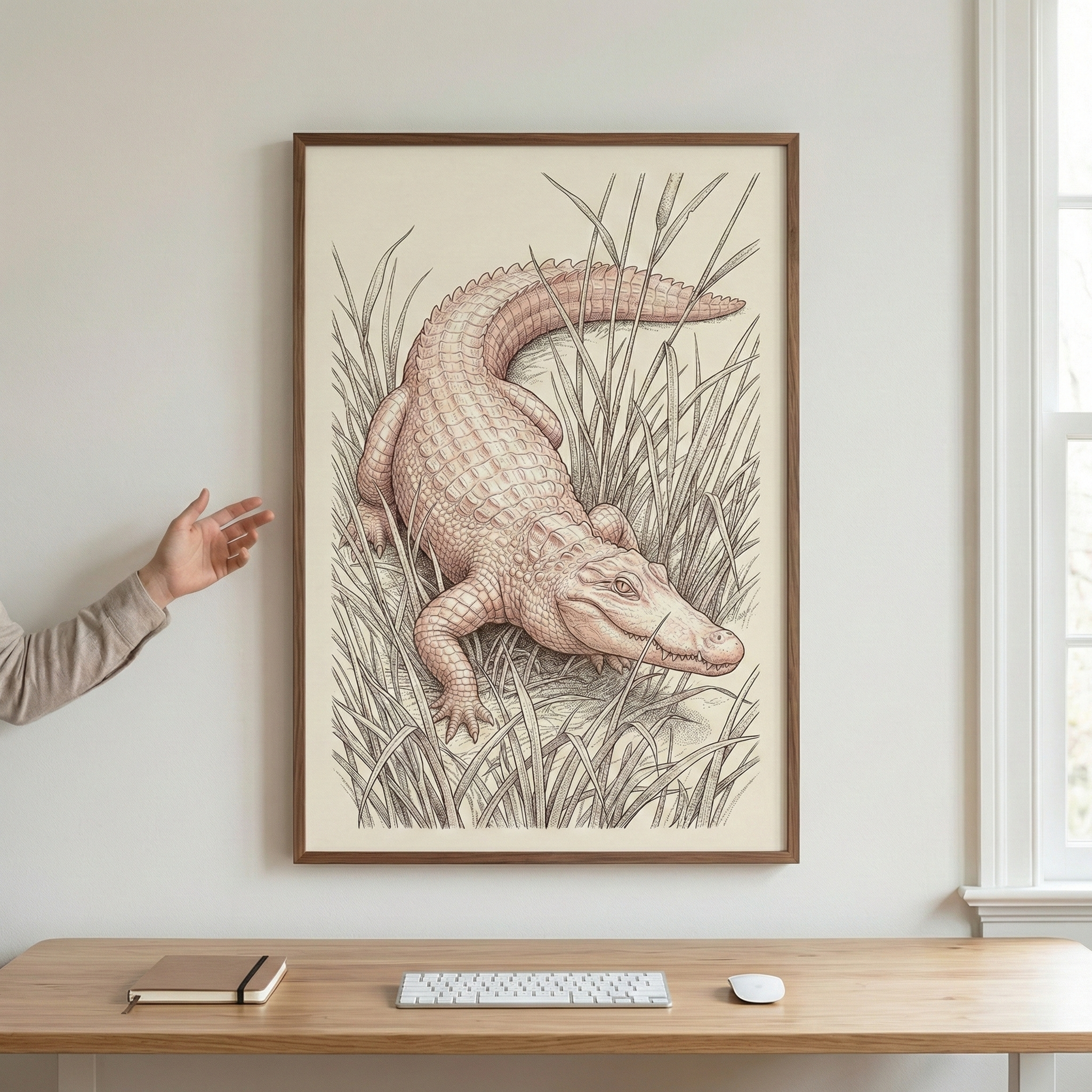 A framed illustration of a large reptile, possibly an alligator, amidst tall grass hangs on a neutral wall. The artwork features fine line-work and a soft, pinkish-beige tone. A hand reaches in from the left, gesturing toward the frame. Below the artwork is a light wood desk containing a small notebook, a white keyboard, and a wireless mouse. A white window frame is visible on the far right.