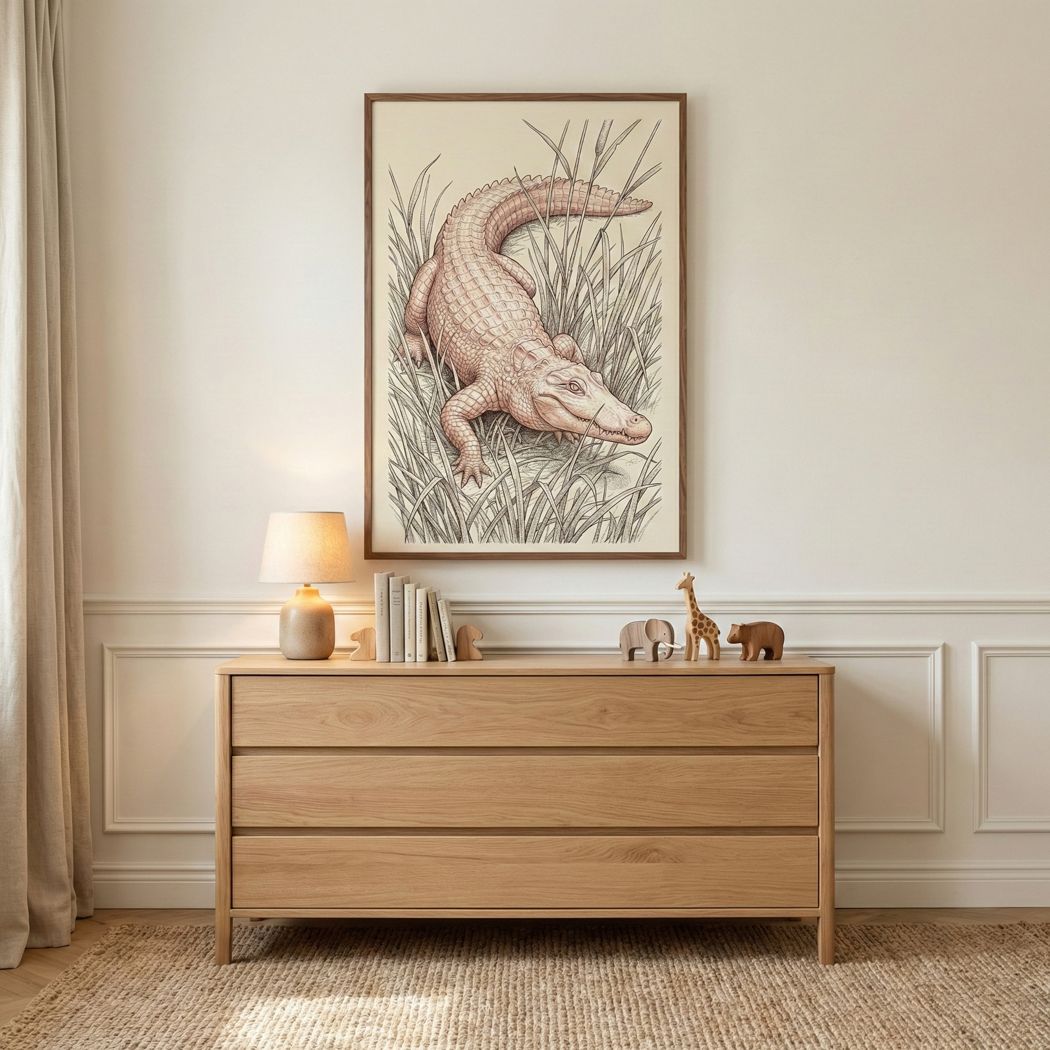 A vertical framed illustration of a light-colored crocodile resting in tall grass hangs on a white wall above a light oak three-drawer dresser. On the dresser, there is a small lamp with a beige shade, a few books, and three small wooden animal figurines: an elephant, a giraffe, and a bear. The wall features elegant white wainscoting. A textured, neutral-toned woven rug is on the floor, and a soft linen curtain hangs to the left. The scene has a calm, minimalist aesthetic.