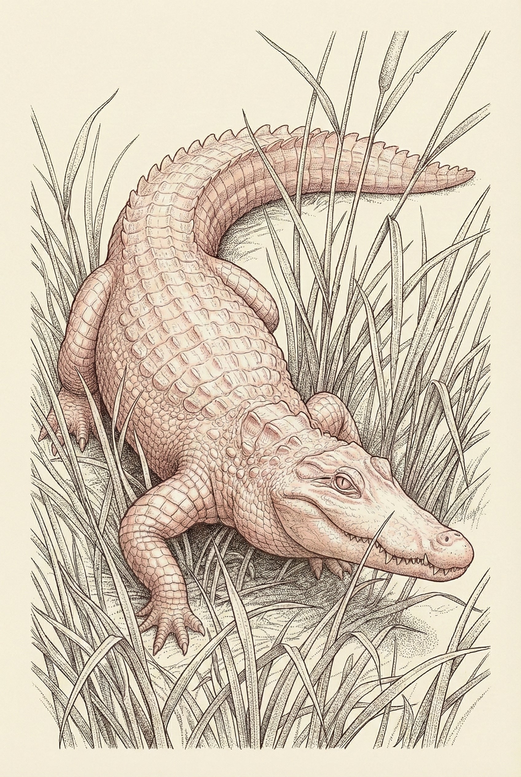 A detailed monochromatic illustration of an alligator in a sepia or light-brown tone. The drawing uses stippling and fine cross-hatching to create realistic texture on the creature's thick, armored skin and bony plates. The large reptile is depicted crawling through a field of tall, dense grass, its body curved as it moves. Its long snout has visible teeth, and its powerful legs end in sharp claws. Thin blades of grass and a cattail surround the animal against a plain, off-white background.