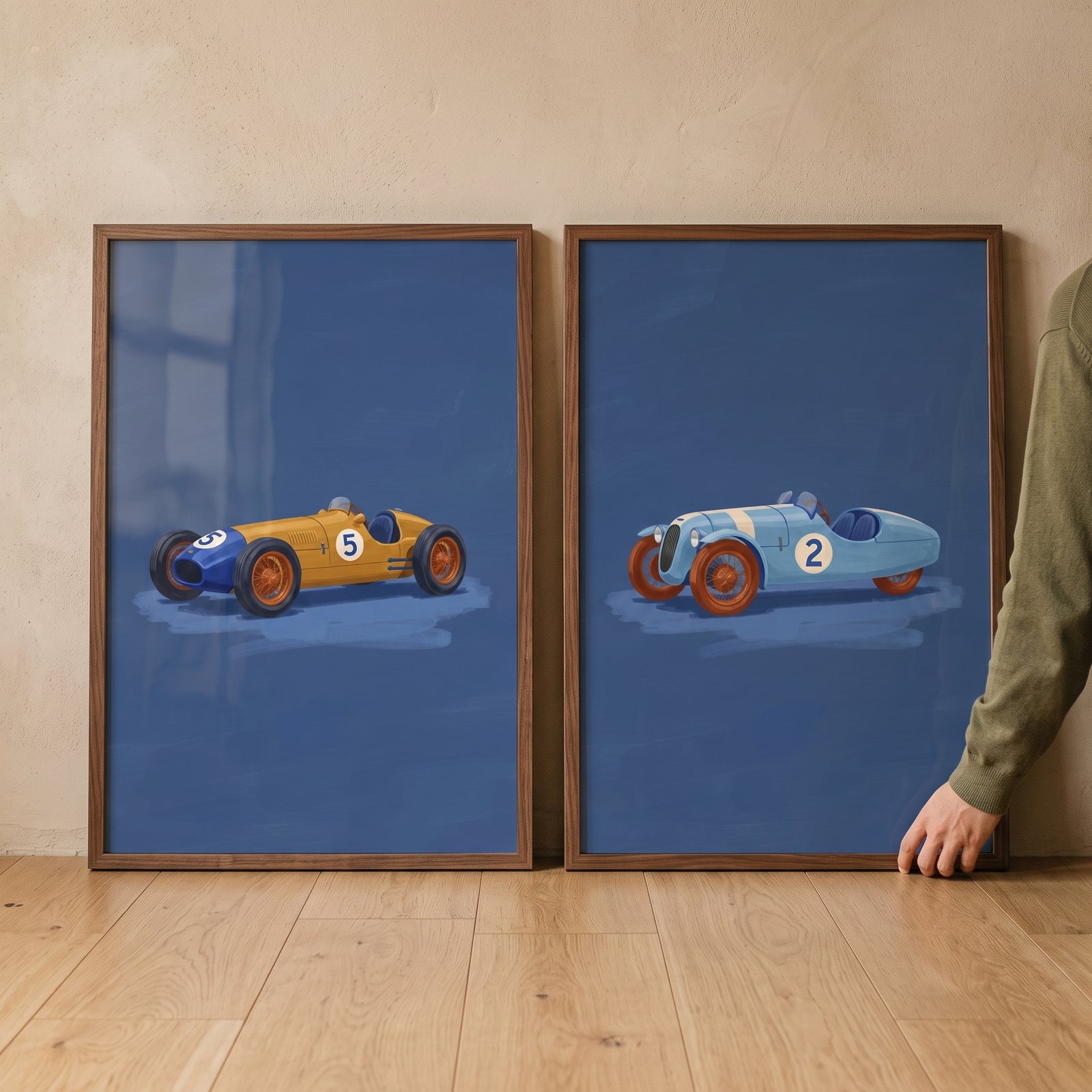 Vintage antique racing car wall art set of 2 featuring yellow and blue classic car illustrations in wood frames.