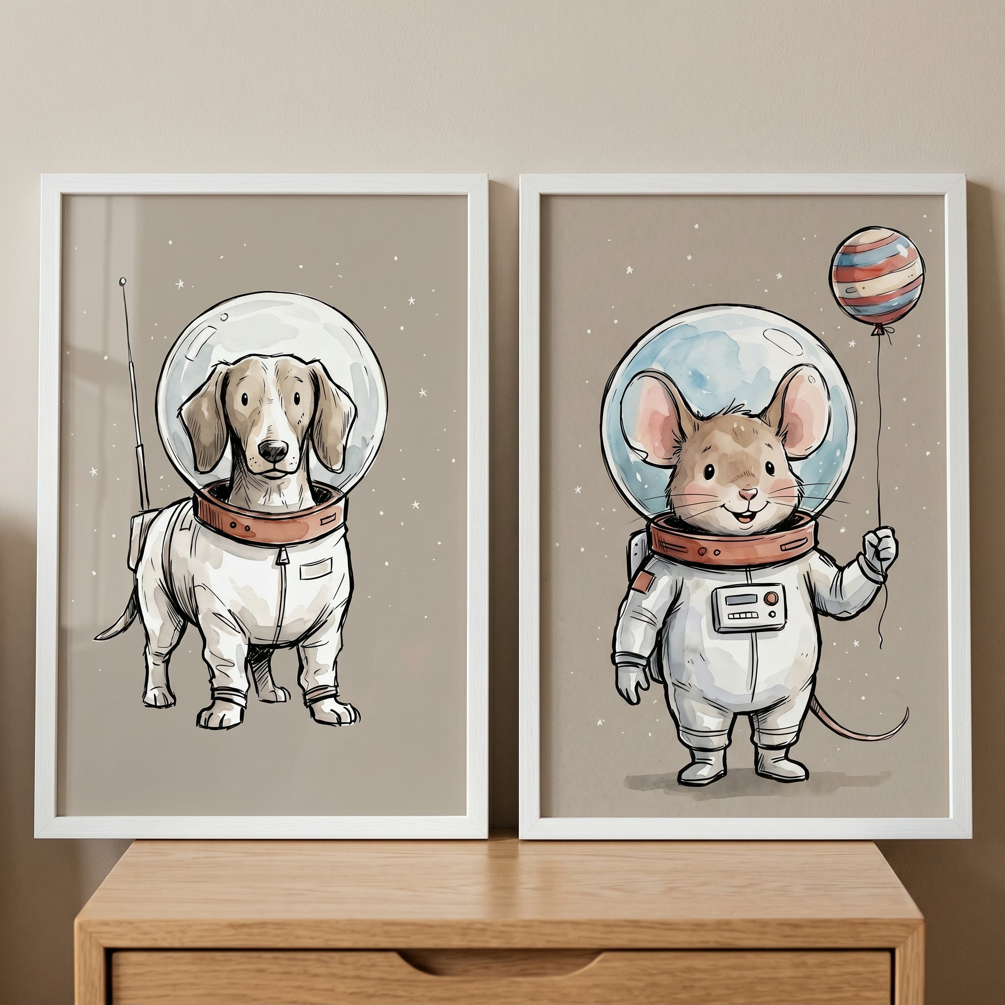 Vintage Astronaut Animal Wall Art Set of 2 - Tiny Space Travelers