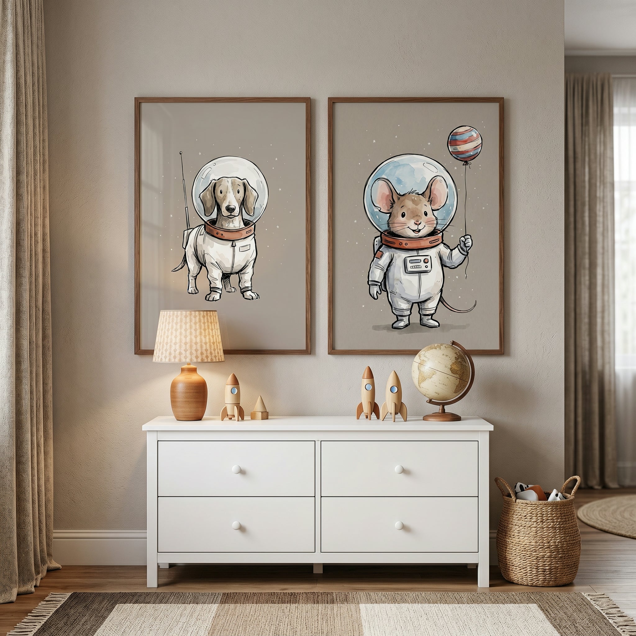 Vintage Astronaut Animal Wall Art Set of 2 - Tiny Space Travelers