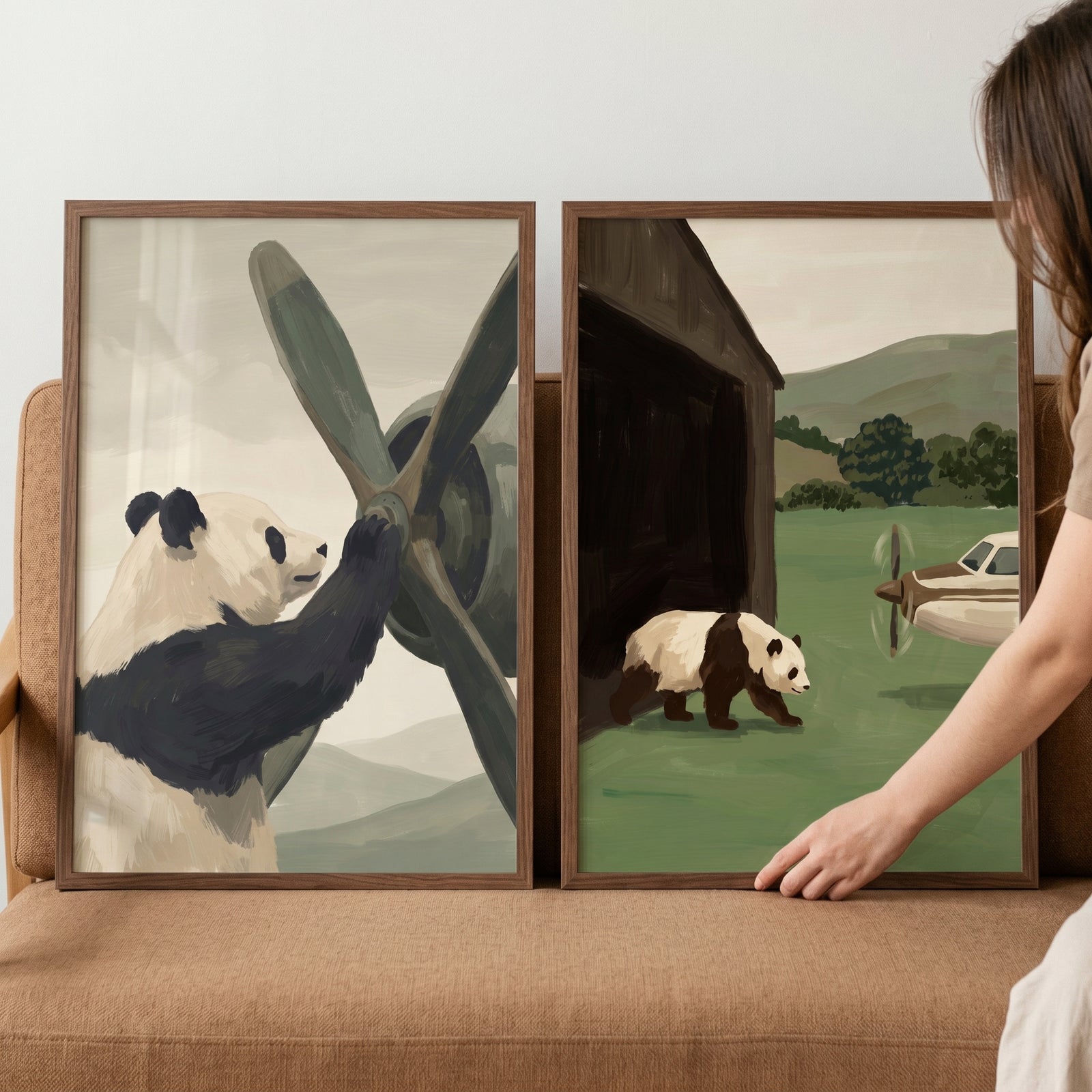 Vintage aviation explorer panda wall art set of 2 featuring pandas with vintage airplanes in a muted landscape.