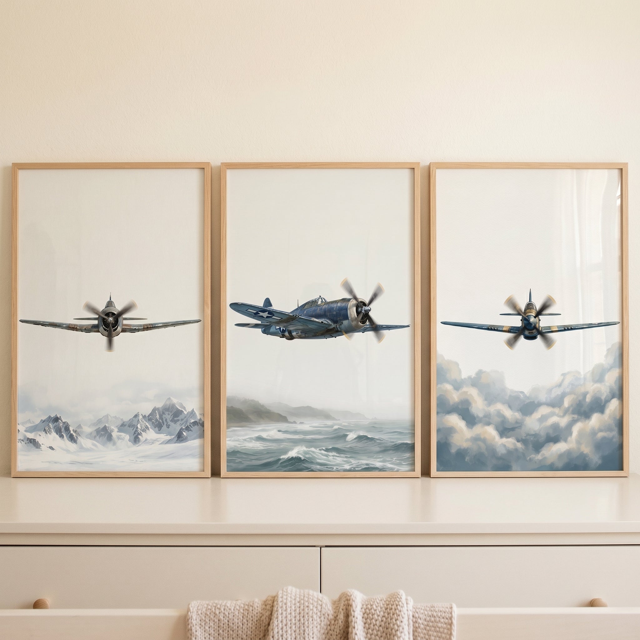 Vintage Aviation Military Aircraft Wall Art Set of 3 - Vintage Skyward Flight