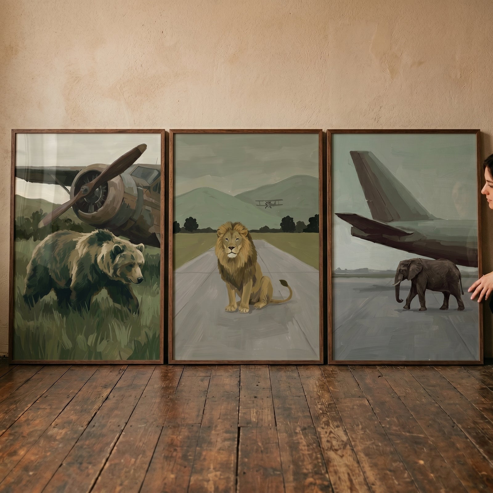 Vintage aviation wild animal wall art set of 3 featuring a bear, lion, and elephant with propeller and jet aircraft.
