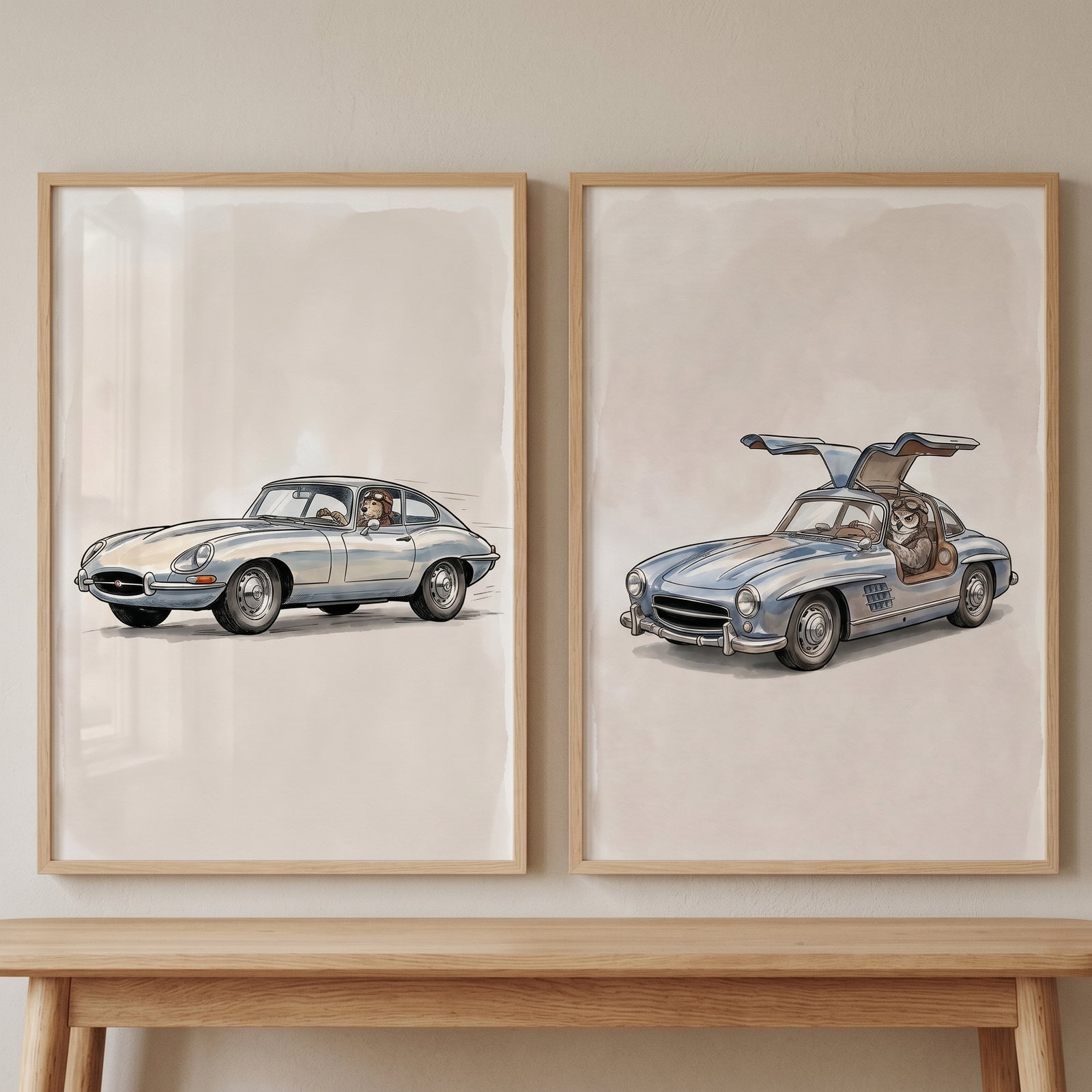 Vintage aviator driving animal wall art set of 2 featuring a dog and cat in silver classic sports cars.